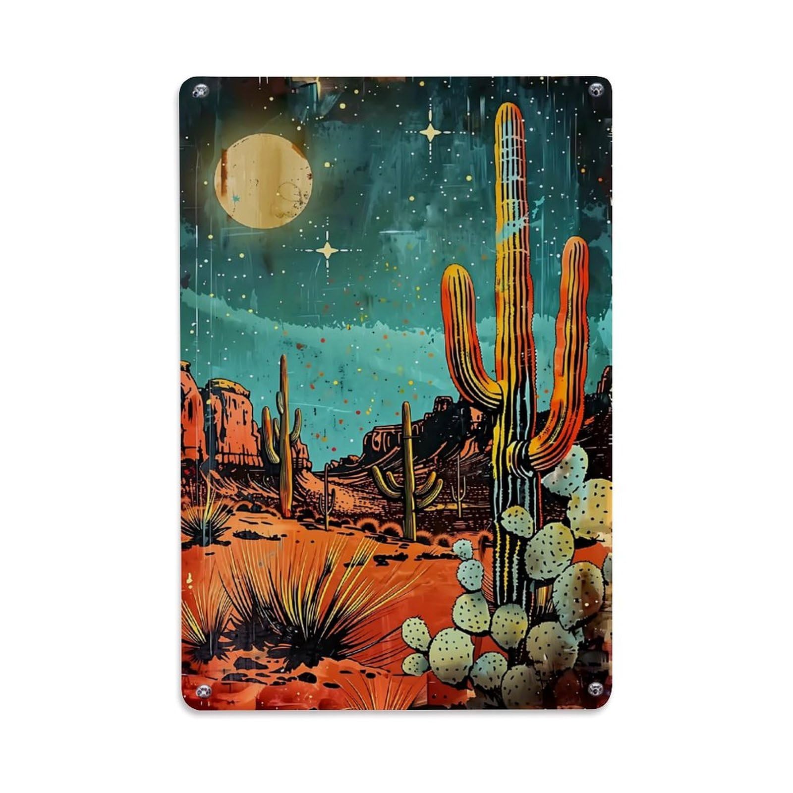 Desert Night Sky Cactus Print Retro Metal Tin Sign, Vintage Metal Poster for Bar, Home, Man Cave, Kitchen, Laundry Room Art Decor 8x12 Inch