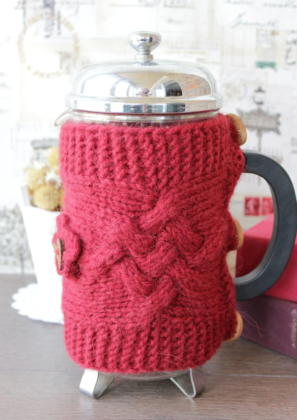 Knit French Press Cozy Red Wool Handknit Flower Cover Tea Pot