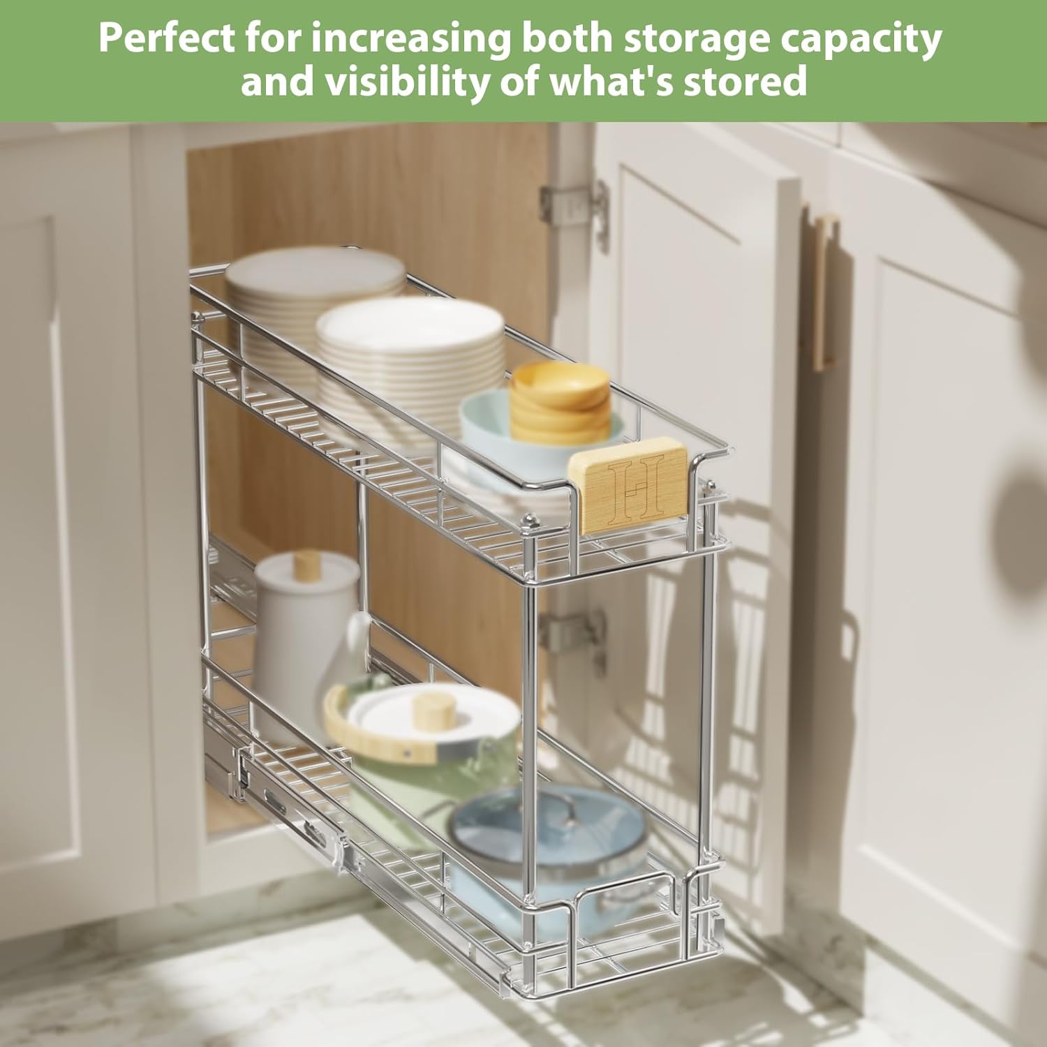 ROOMTEC Pull Out Cabinet Organizer With Wooden Handle 10½" W x 21½" D 2-Tier Cabinet Drawer Pull Out Shelves Under Cabinet Storage for Kitchen