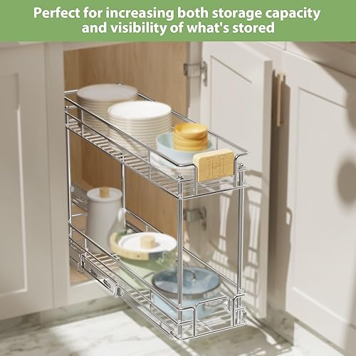 Miniatura 5 de ROOMTEC Organizador de gabinete extraíble con mango de madera, 10 pulgadas de ancho x 21 pulgadas de profundidad, 2 niveles, cajones extraíbles para