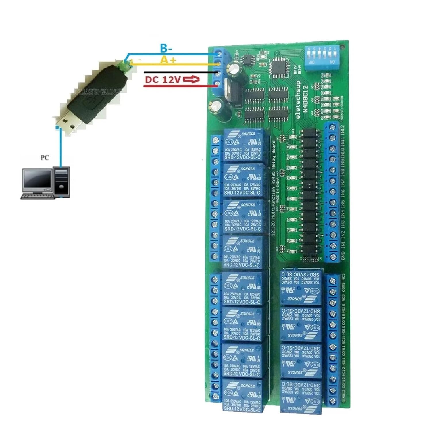 Relay Module PLC 12V 24V 12CH Digital IO RS485 Relay Module Modbus RTU DIN35 C45 Rail Box for PLC PTZ Configuration(24V Only Board)