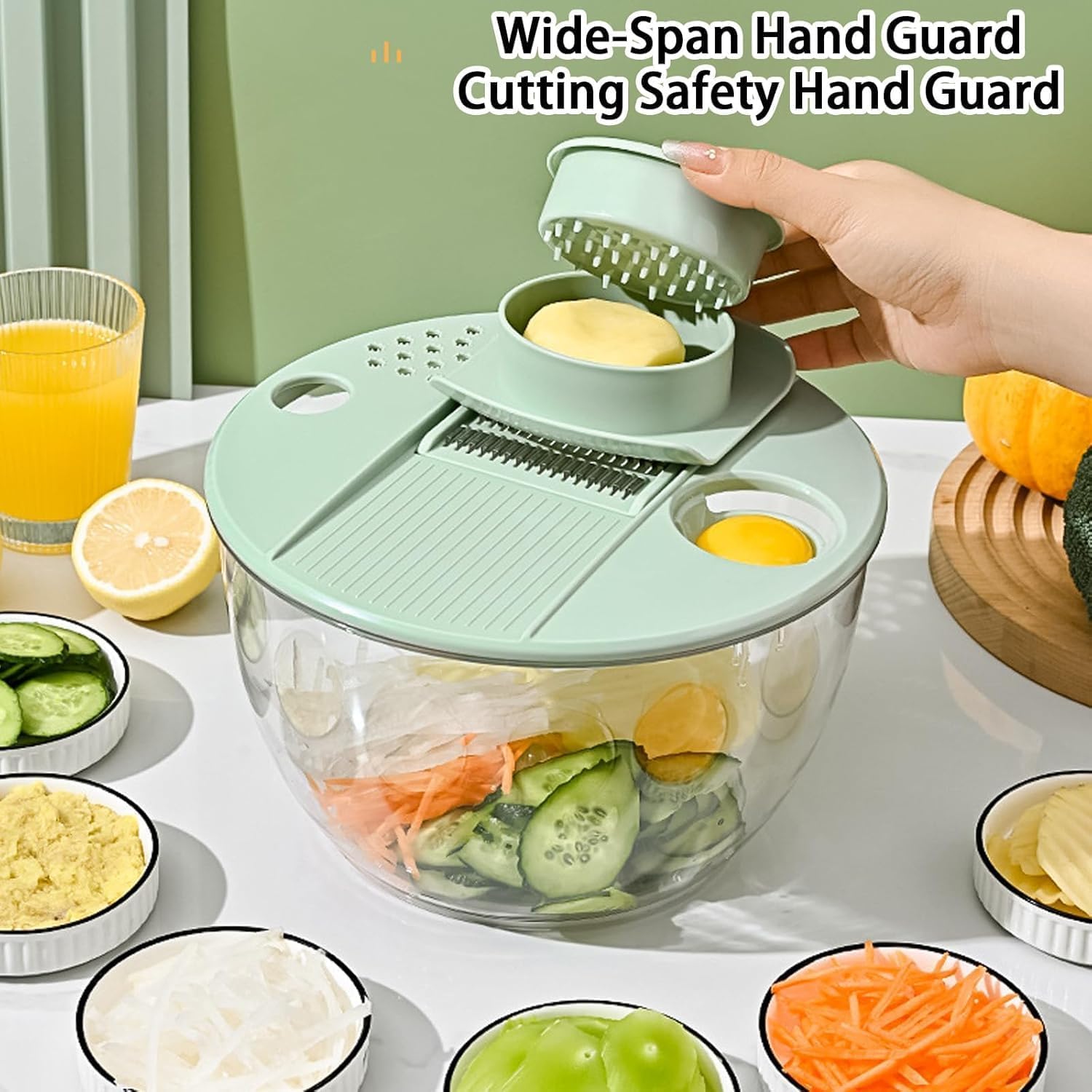 Large Capacity Multi-function Salad Spinner, 6 in 1 Stainless Steel Salad Spinner, Clear Vegetables Fruits Washing Bowl with 8 Functions, Egg Yolk Strainer Slicer Shredder for Kitchen (A)