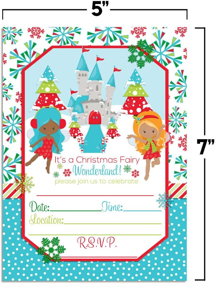 Christmas Wonderland Holiday Fairies with Dark Complexions Birthday Party Invitations, 20 5"x7" Fill In Cards with Twenty White Envelopes by AmandaCreation