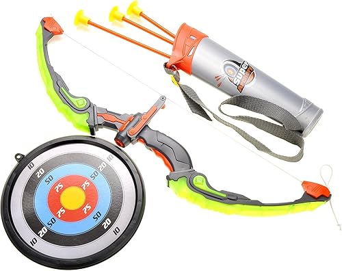 PowerTRC Juguete de arco y flecha de juguete para niños con luces LED intermitentes, objetivo, carcaj y flechas de ventosa, regalos para niños y