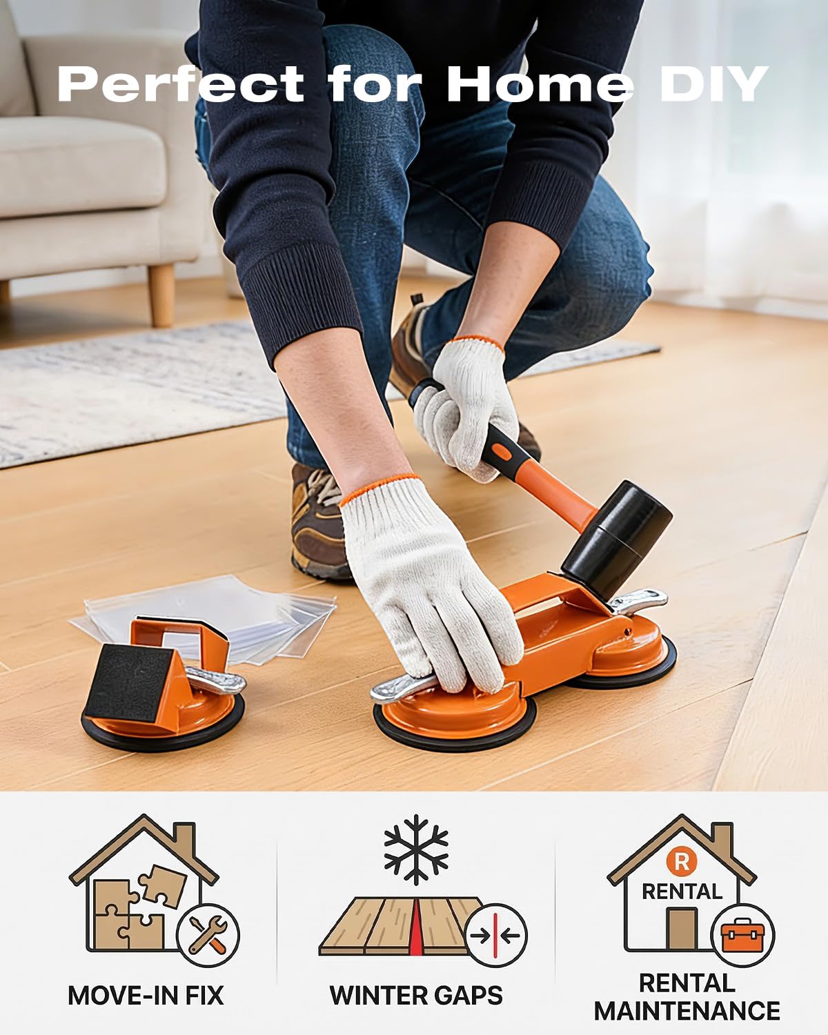 Saker Kit de herramientas y mazo para fijar huecos en el suelo, 10 almohadillas y guantes lavables, herramienta de ventosa para piso, herramientas de piso laminado para laminado liso (2 tipos de