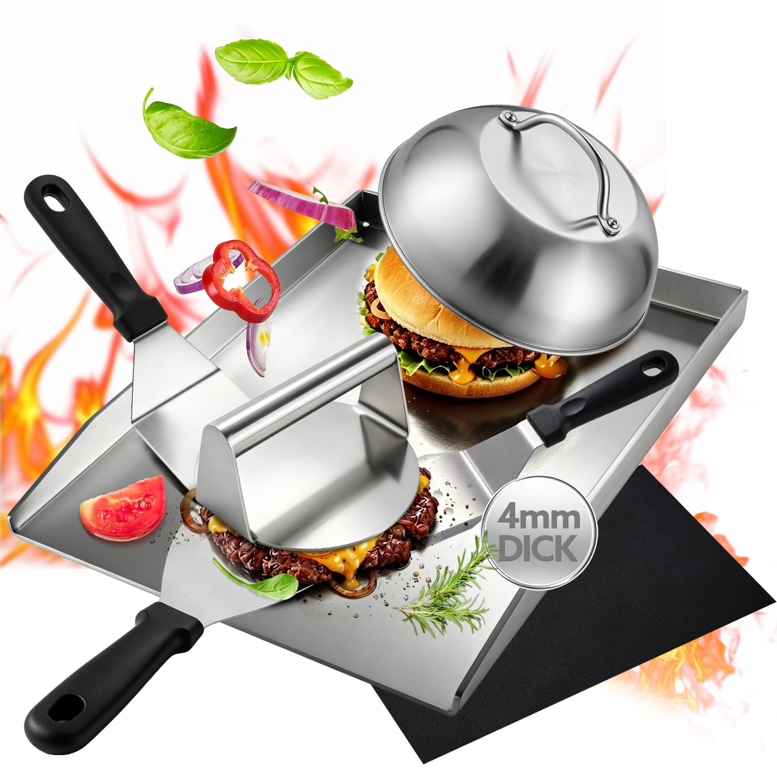 7er Set Plancha Grillplatte Edelstahl 40x30 cm, 4 mm, für Gasgrill und BBQ