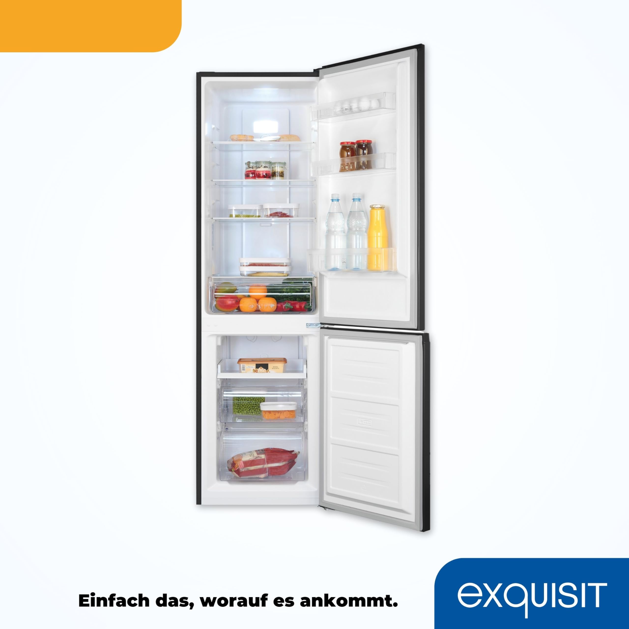 Exquisit Kühl-Gefrierkombination No-Frost Freistehend, 253 L | Energieklasse C, 141 kWh/Jahr – 39 dB leise – Türanschlag wechselbar – Edelstahloptik – LED