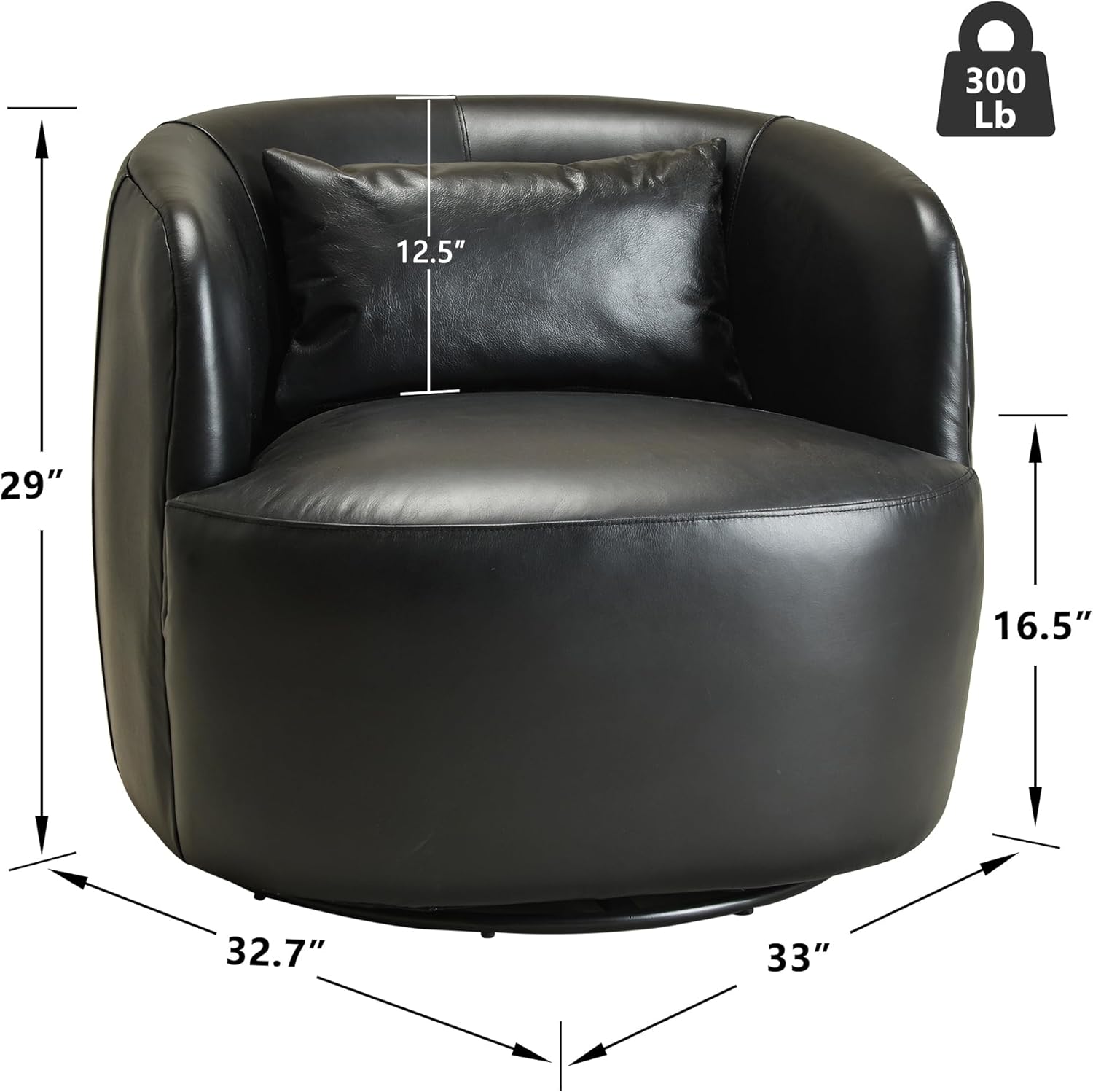 KINWELL Set of Two 100% Top Grain Genuine Leather Swivel Barrel Armchair No Assembly Upholstered Leather Swivel Accent Chairs with Toss Pillow for Living Room Office Lounge, Black