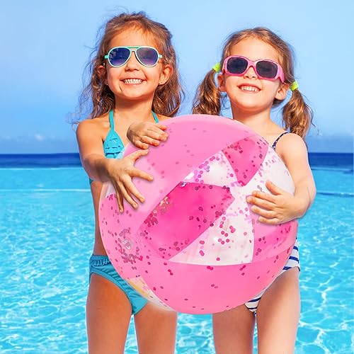 Miniatura 3 de TURNMEON 5 bolas de playa con purpurina, lentejuelas de 24 pulgadas y 16 pulgadas, bolas de playa inflables rosas para niños y adultos, pelotas de