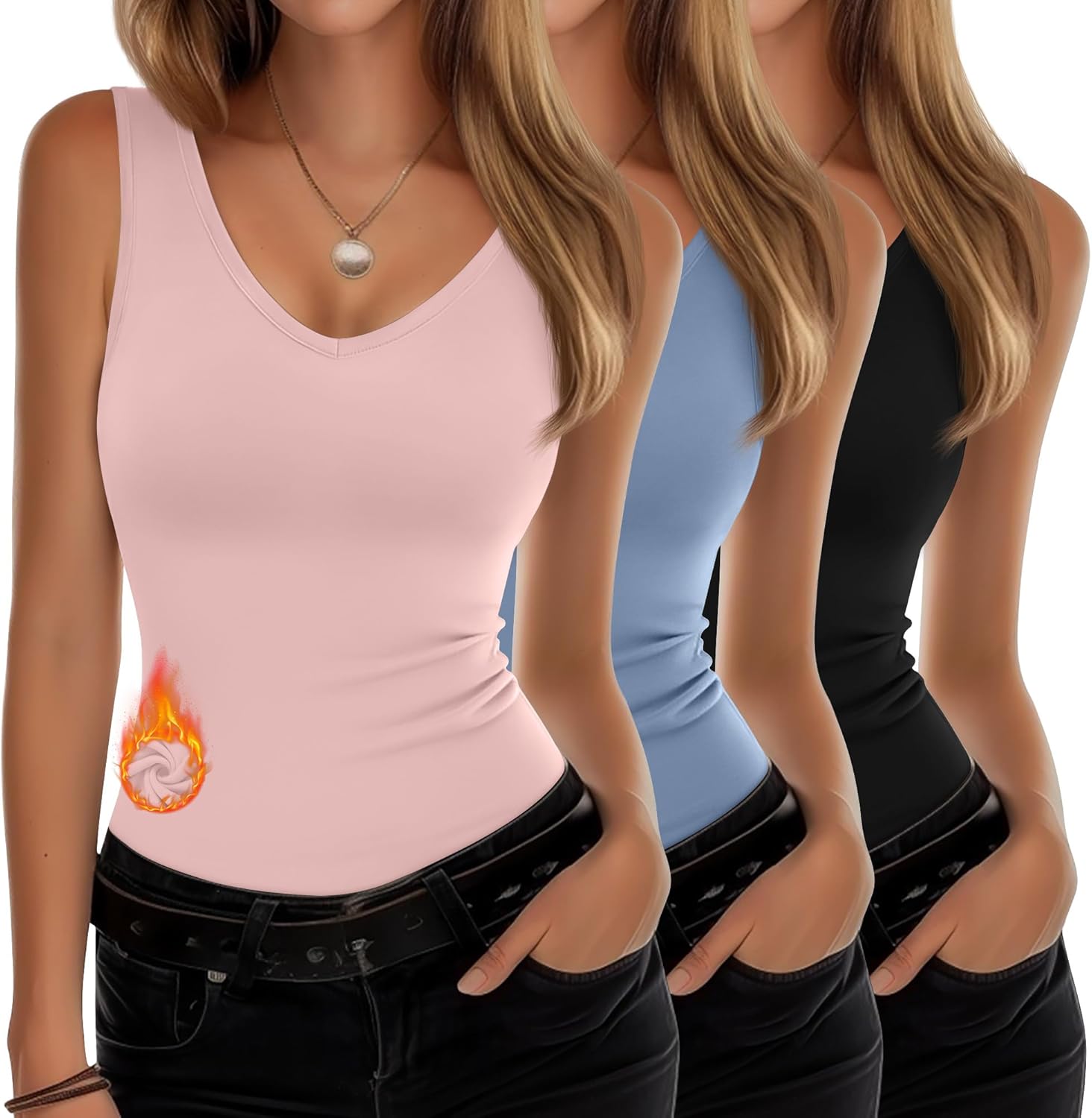 Sweetyweee 3 Pcs Women's Thermal Tank Tops V Neck Underwear Fleece Lined Sleeveless Undershirts Warm Camisole Base Layer Vest