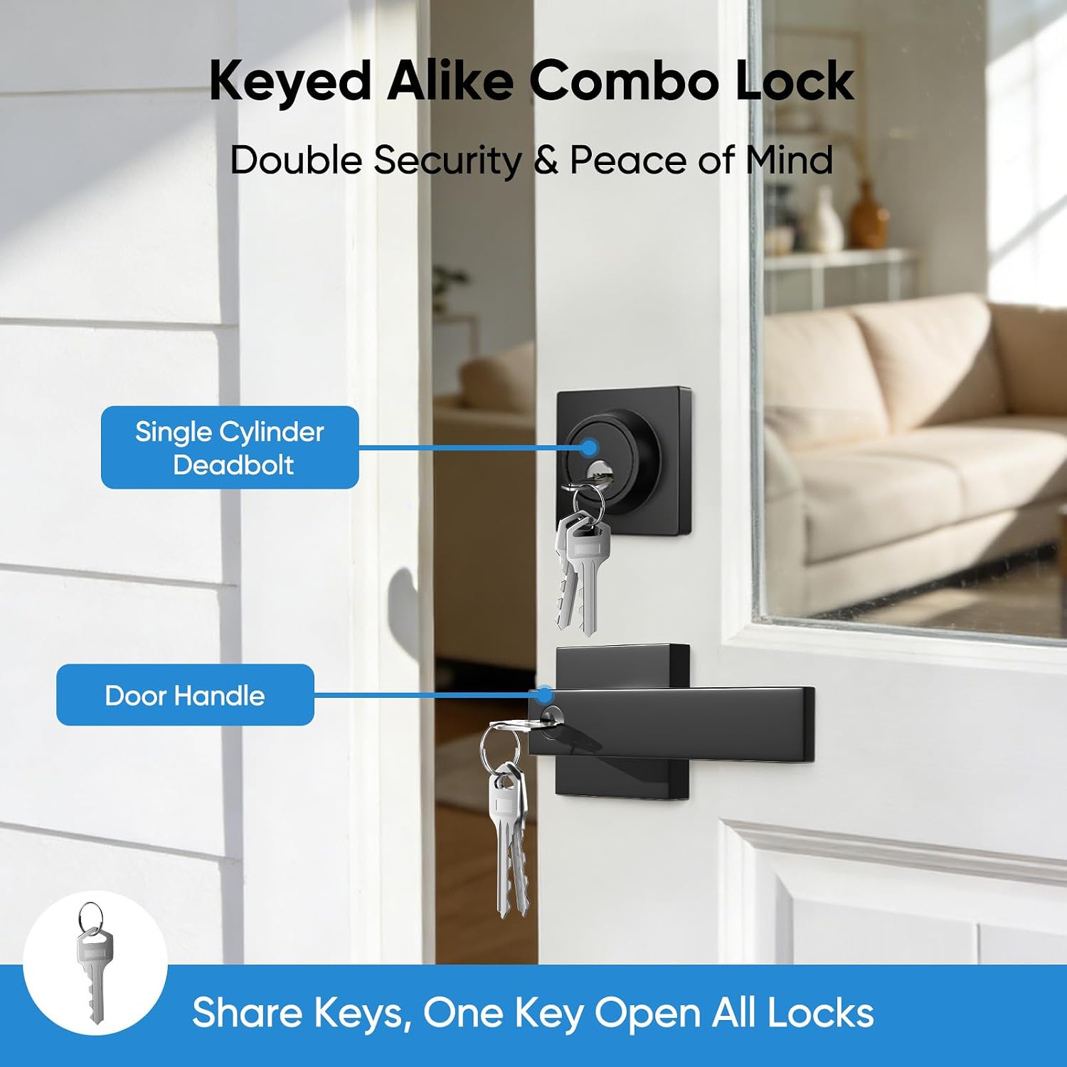 Exterior Door Handle and Deadbolt Set, 3 Pack, 18 Same Keys, Matte Black | Heavy Duty Door Lever, Single Cylinder Front Door Lock Set, Reversible Left/Right Handle, Keyed Entry Door Knob