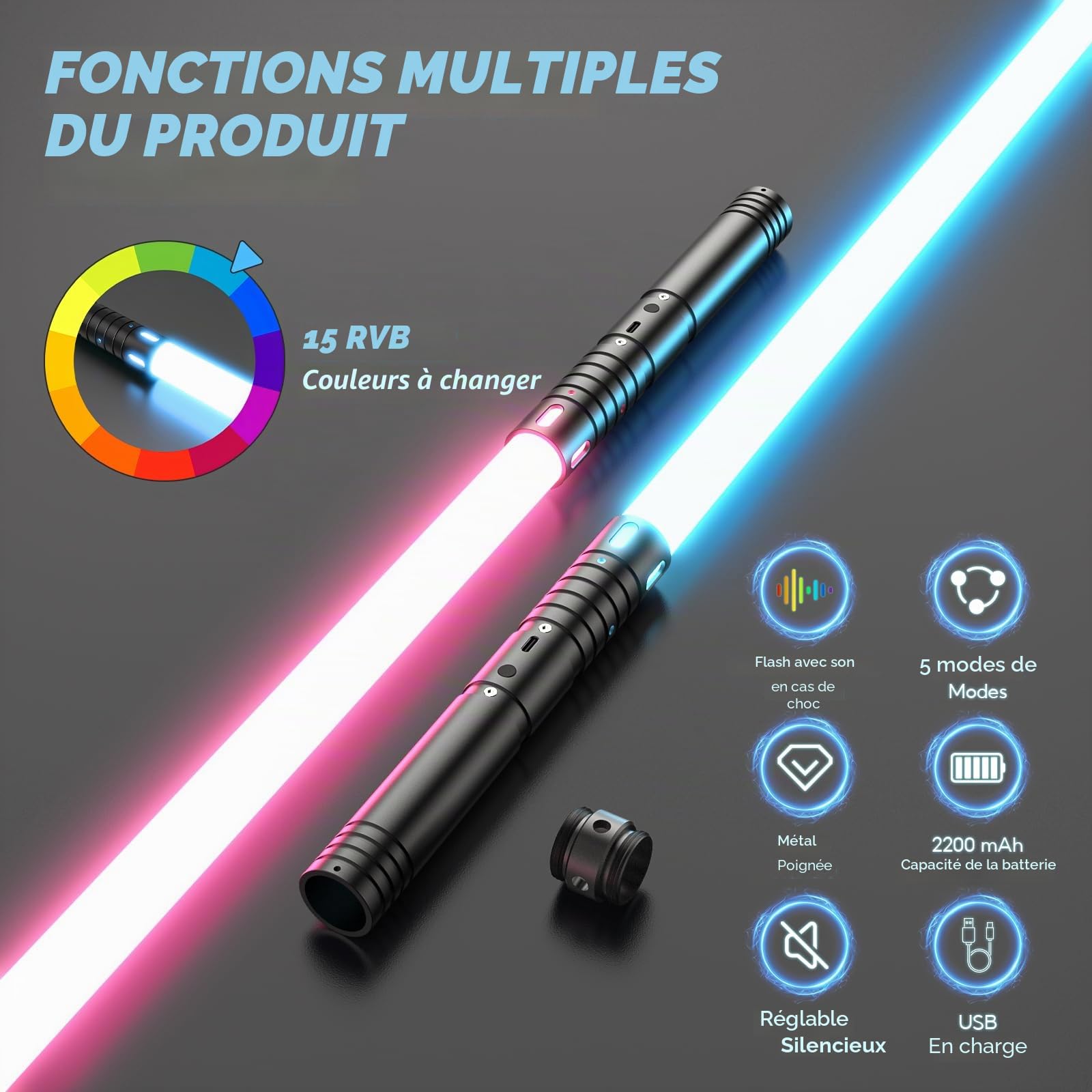 Sabre Laser 2 Pièces, Sabre Laser pour Enfants RGB 15 Couleurs, Epées Laser Rechargeable avec Effets sonores FX, Jouet pour Enfants, Halloween, Jeu de rôle Guerrier Galactique(74CM 2PC)