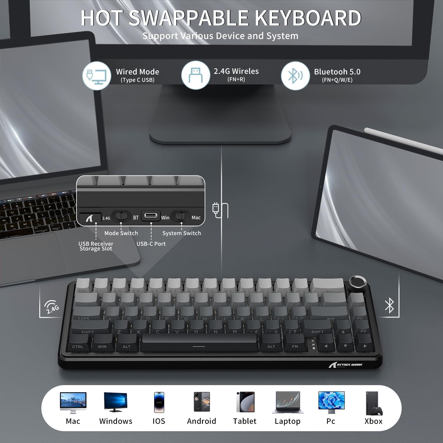 Diagram showing the three connectivity modes and switches on the ATTACK SHARK X66 keyboard