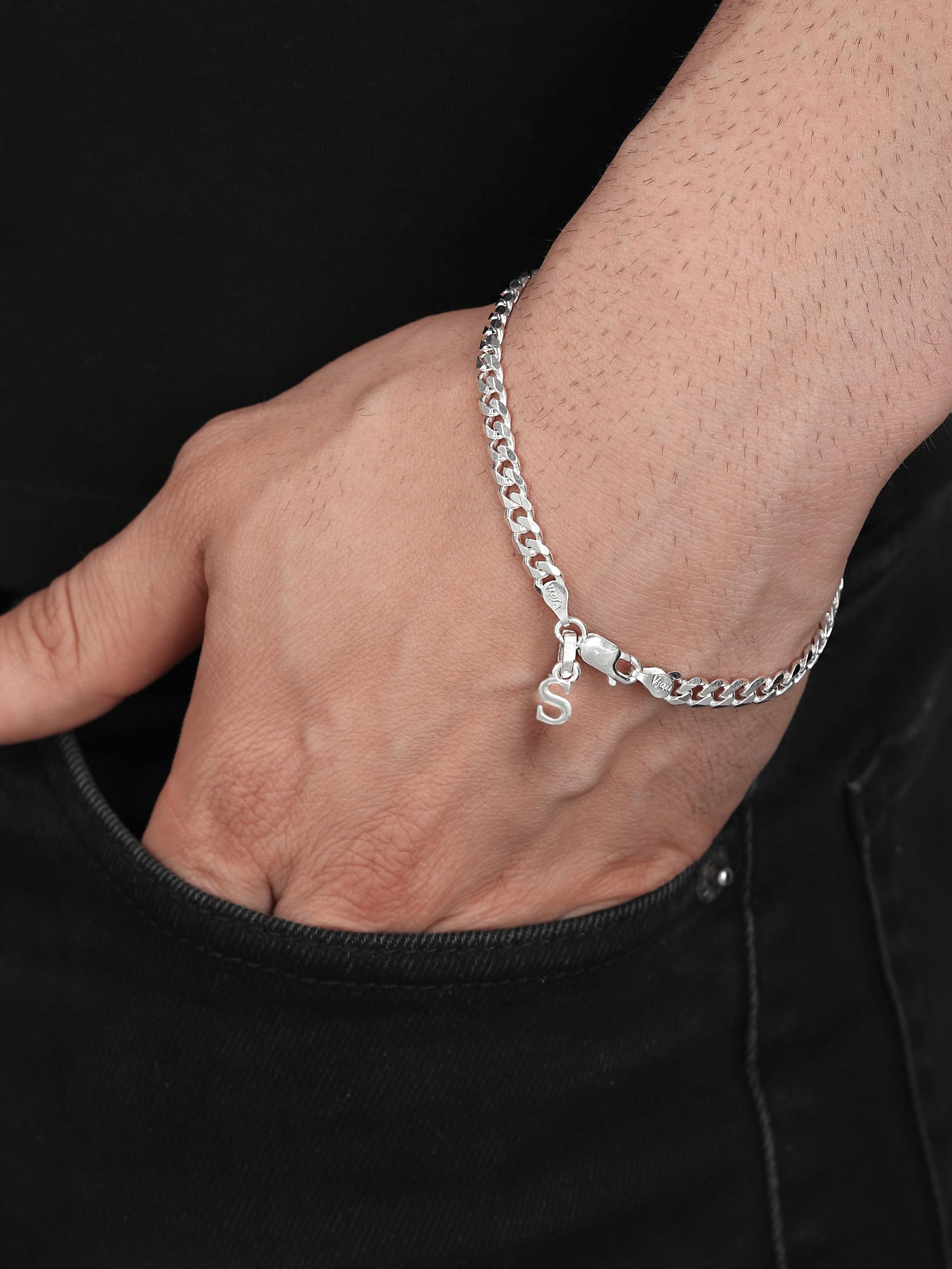Brmckd_s-1, bracciale in puro argento sterling 92,5% con lettera S dell'alfabeto per uomo-brmckd_s-1, piccolo, pietra preziosa, Small, Gemma