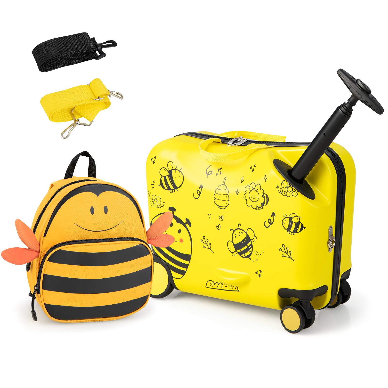 DREAMADE Valise Roulette Enfant 18" et Sac à Dos 12" avec Bandoulière Réglable Bagage Cabine Enfant 3+Ans avec Roues Pivotante 360° Bagage à Main Fille et Garçon Charge 50KG+8KG (Abeille)