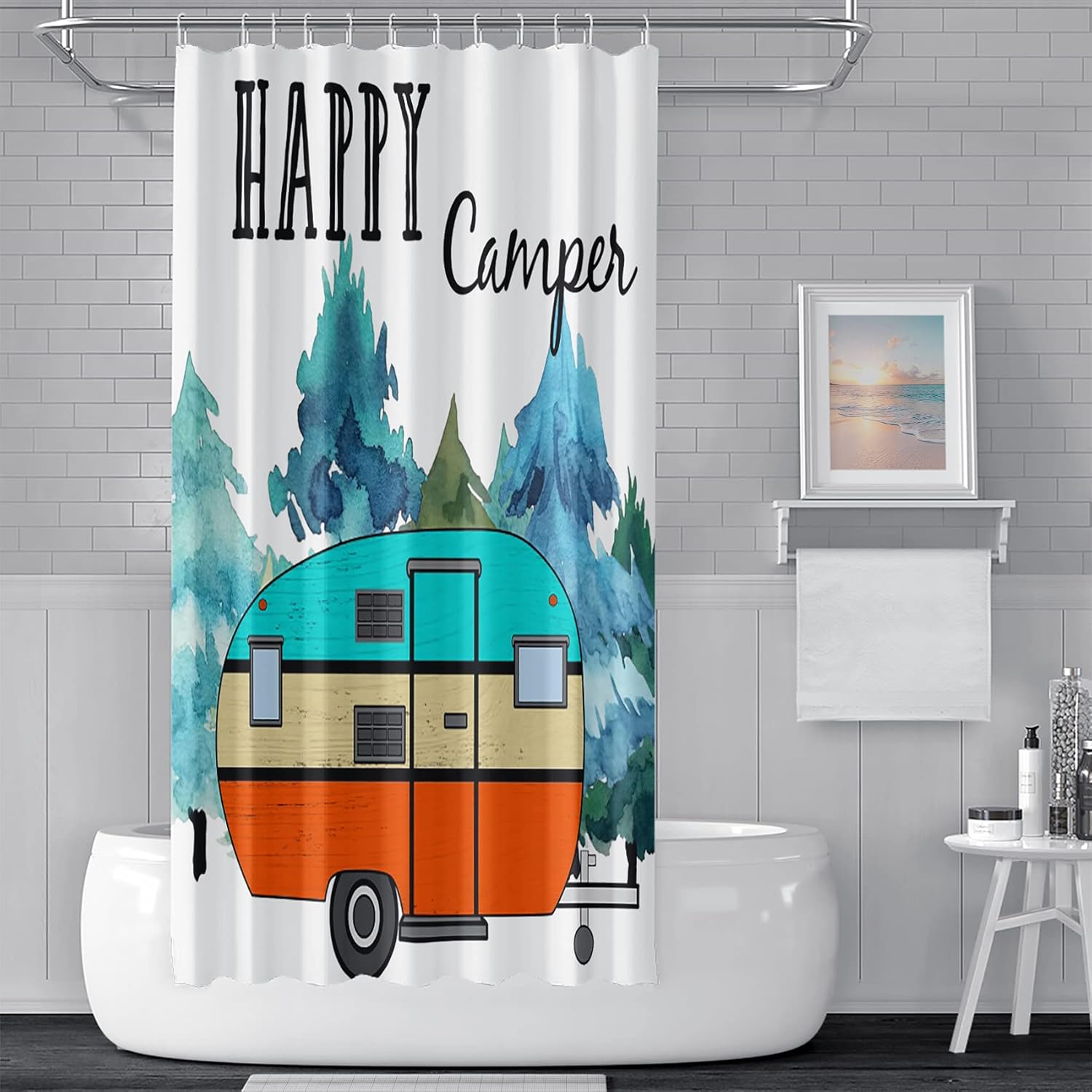 Yeele Happy Camper Shower Curtain Cartoon Round Car 3-Layer Trailers Farmhouse Style Camping Travle Abstract Watercolor Blue Tree Waterproof Bathroom Curtain with 12 Hooks,72x96in