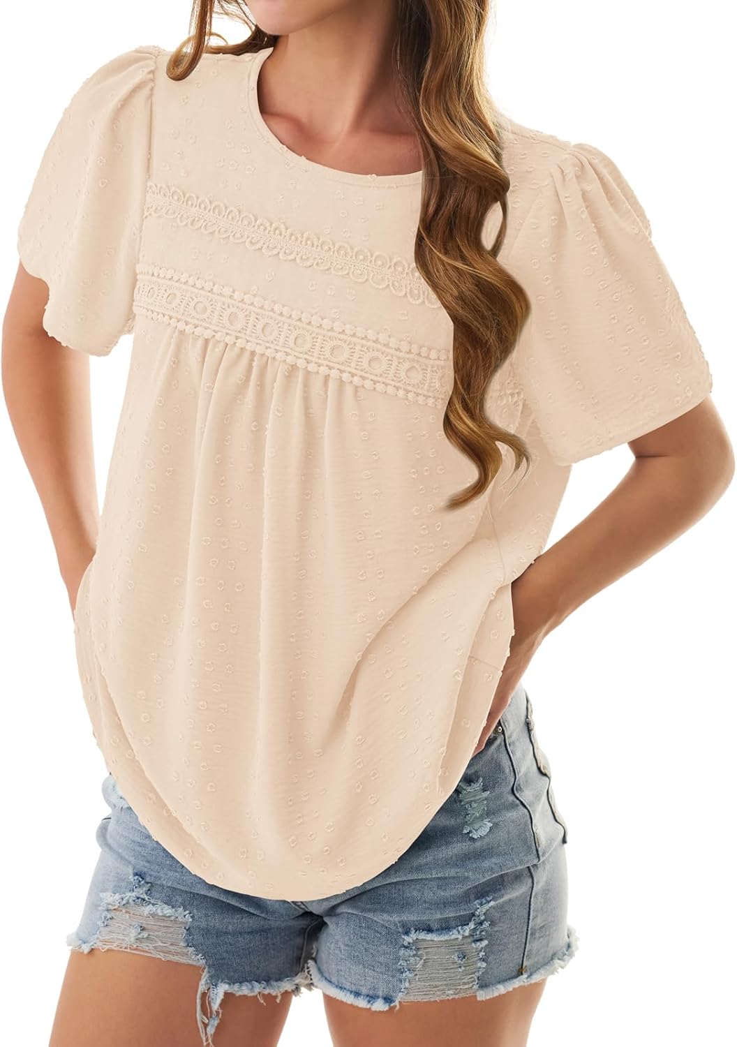 NORACORA Womens Short Sleeve Tops Summer Crewneck Shirts Casual Chiffon Blouses Flowy Lace Hem Boho 2026 Trendy Clothes - Image 5