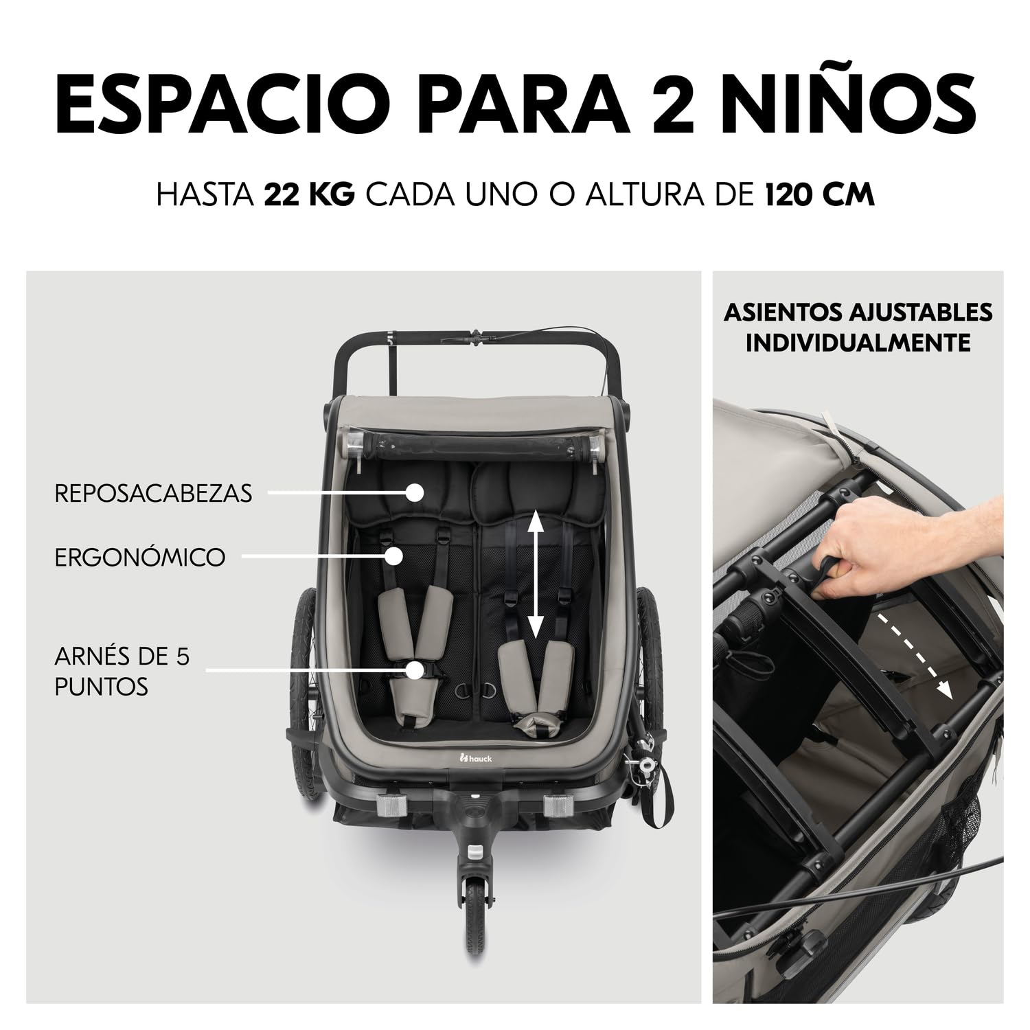 hauck Bike N Walk Duo Set Completo 3 en 1 Remolque Bicicleta 2 Niños - Silla de Paseo Doble Plegable Desde 6 Meses hasta 22 kg o 120 cm - Suspensión - Freno de Mano - Maletero - Gris Claro