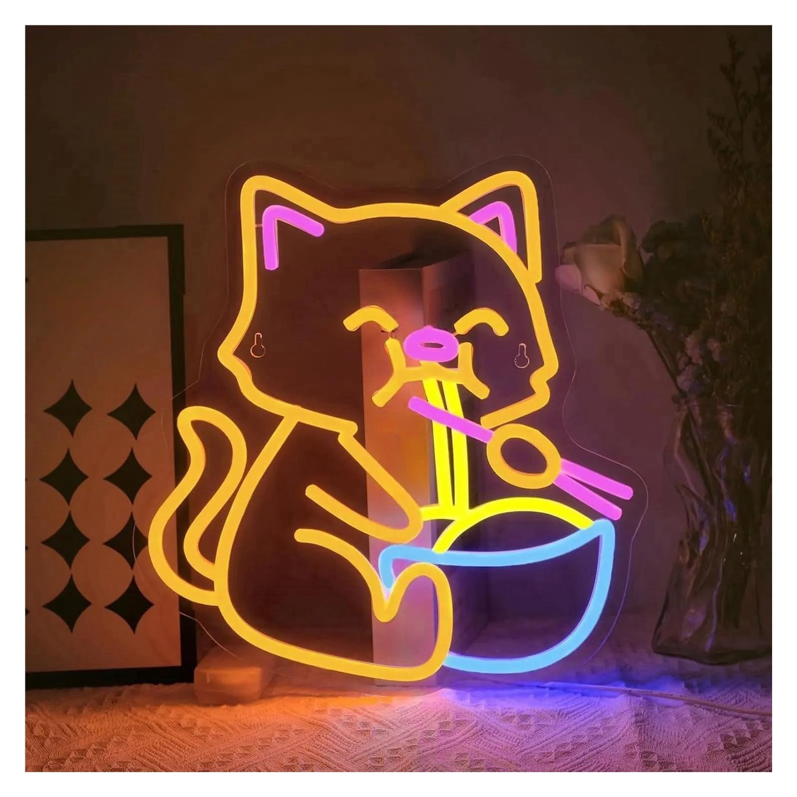 LED néon signe Ramen Panneau Néon En Forme De Chat Alimenté Par USB, Intensité Variable, Pour La Maison La Cuisine La Décoration De Restaurant Signes D'ambiance 32cm×33.5cm
