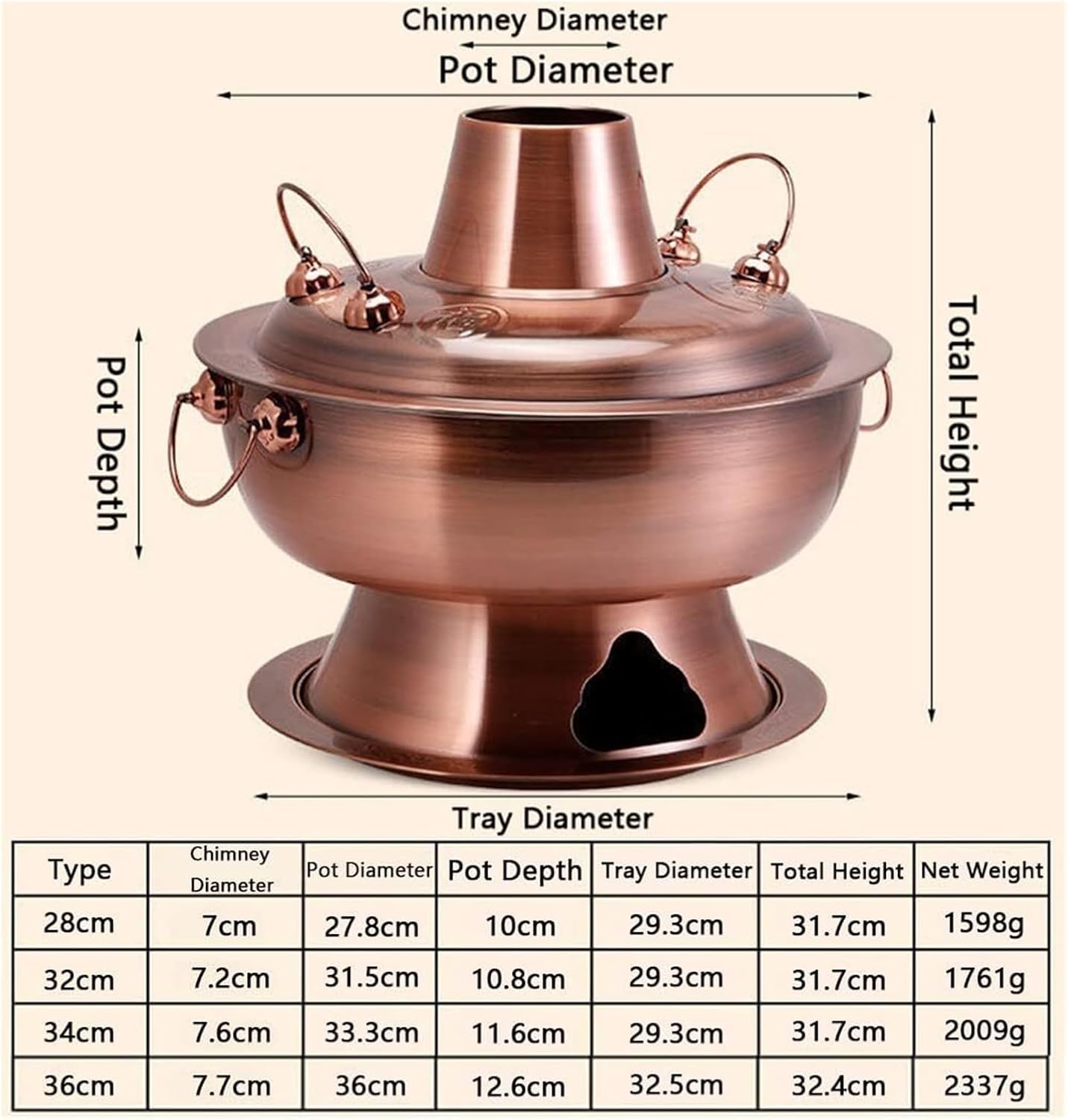 Fondue Chinese Copper Hot Pot, Vintage Shabu-Shabu Hot Pot for Charcoal Copper Hotpot, Stainless Steel Chinese Shabu Pot Cooker Soup Cookware for Home Party Family Gathering,One Color-36cm