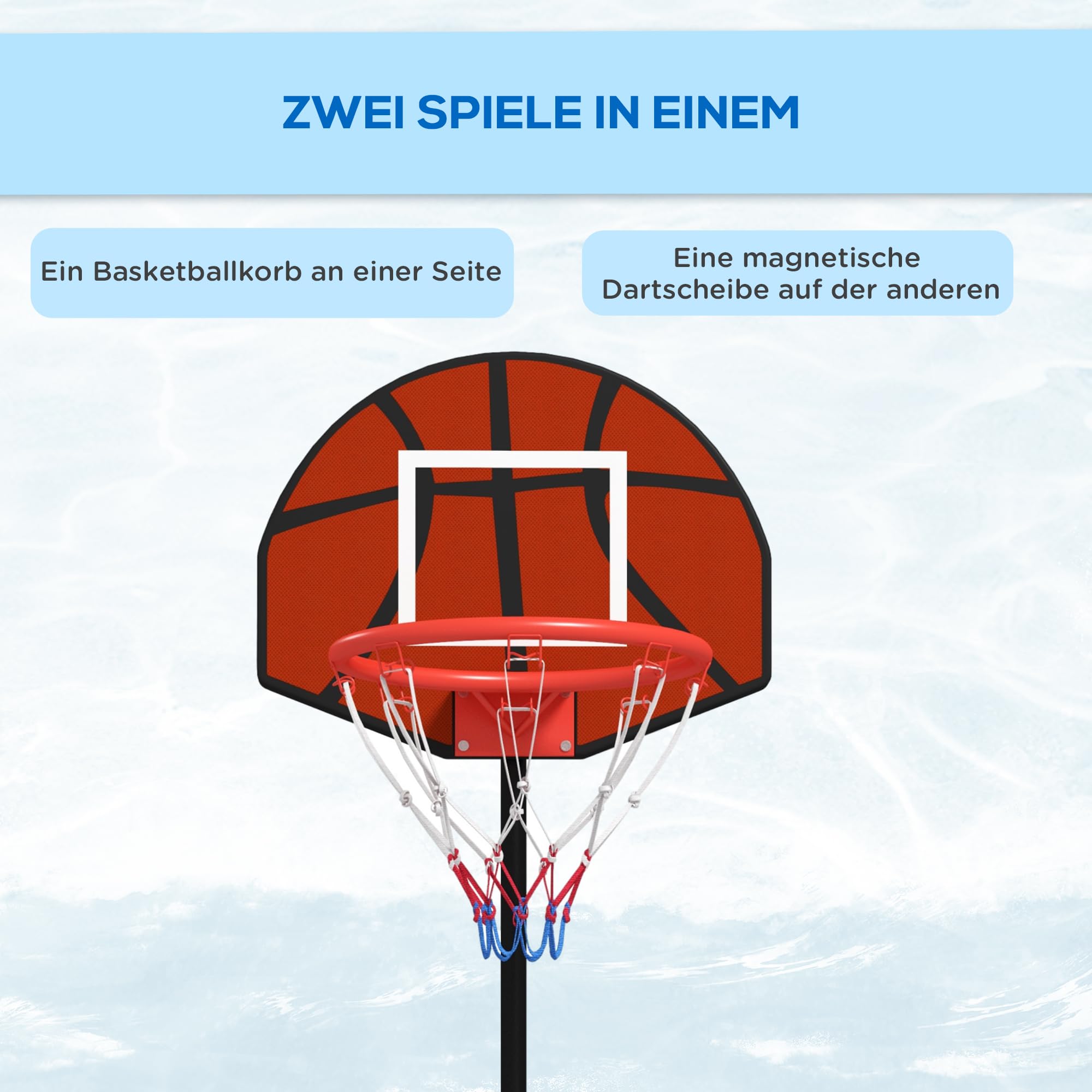 SPORTNOW Basketballkorb mit Ständer Höhenverstellbar Basketballständer, Magnet-Dartscheibe 129-179 cm Basketball-Backboard-Ständer, Basketballanlage für Erwachsene, Stahl