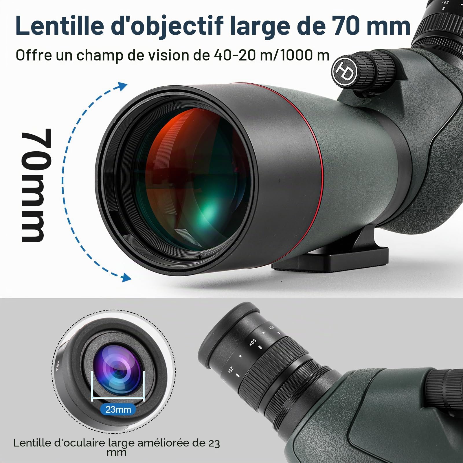 Longue Vue 25-75x70 Bak4 Porro Prisme Imperméable Monoculaire Longue Vue Puissante Adaptateur de Téléphone Trépied pour Observation des Oiseaux
