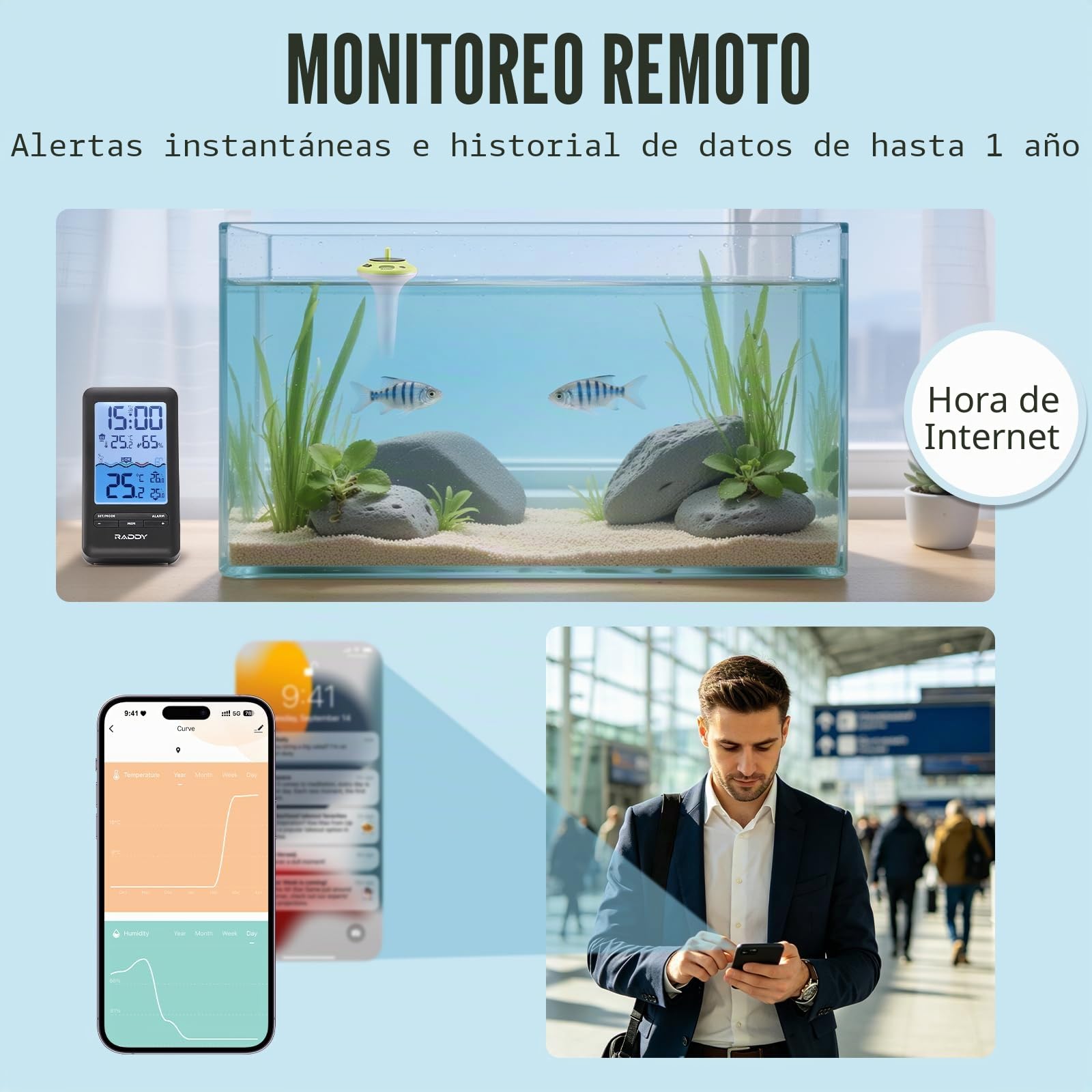 Raddy PT-5 WiFi con App Termómetro de Piscina, Sensor de Temperatura Flotante Inalámbrico y Pantalla Interior, Termómetro Digital IPX8, Carga Solar y USB-C para Jacuzzi, Spa, Estanque, Acuario