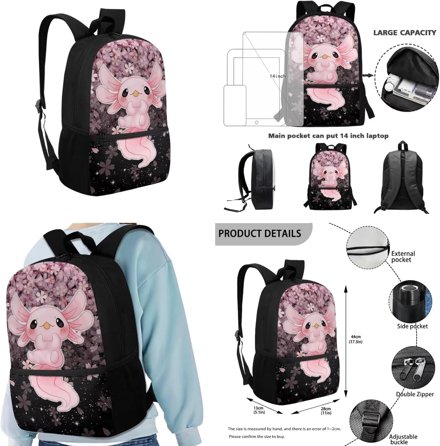 Ystardream Cherry Blossom Axolotl Backpack for School Girls Bookbag With Lunch Box Casual School Backpack for Teens Children with Keychain Elementary Middle School Student,Bookbags School Bag Set