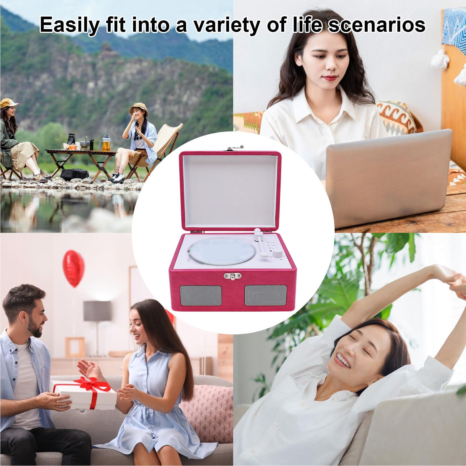 CHICIRIS Music Player Record Player, CD con Batteria Ricaricabile Turntable, Portatile, per Appassionati di Musica, Output di Input 3,5 Mm (PINK)