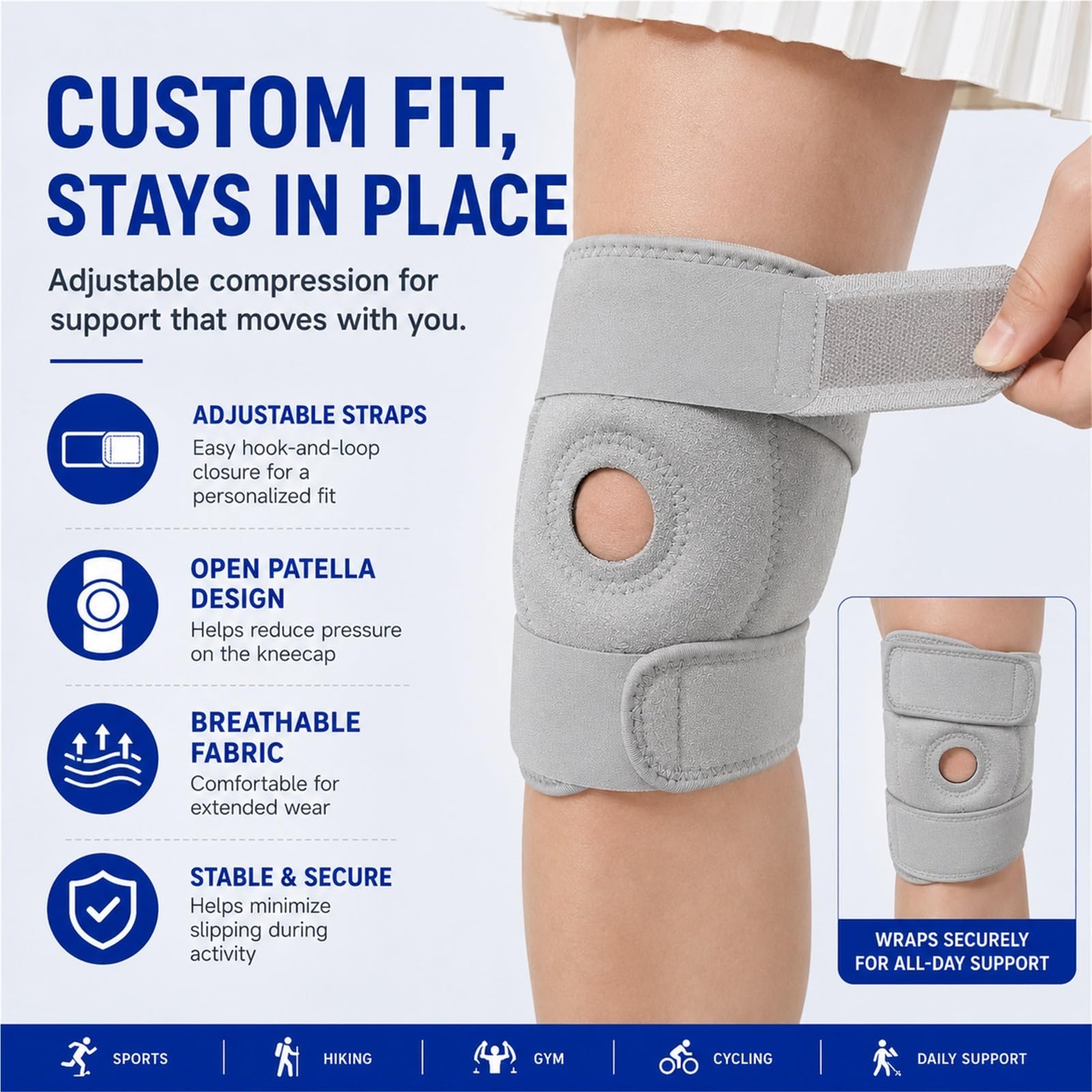 Rodillera para desgarro de menisco y alivio del dolor articular, manga de compresión de grado médico con almohadilla de gel para la rótula y estabilizadores laterales para soporte deportivo en ca