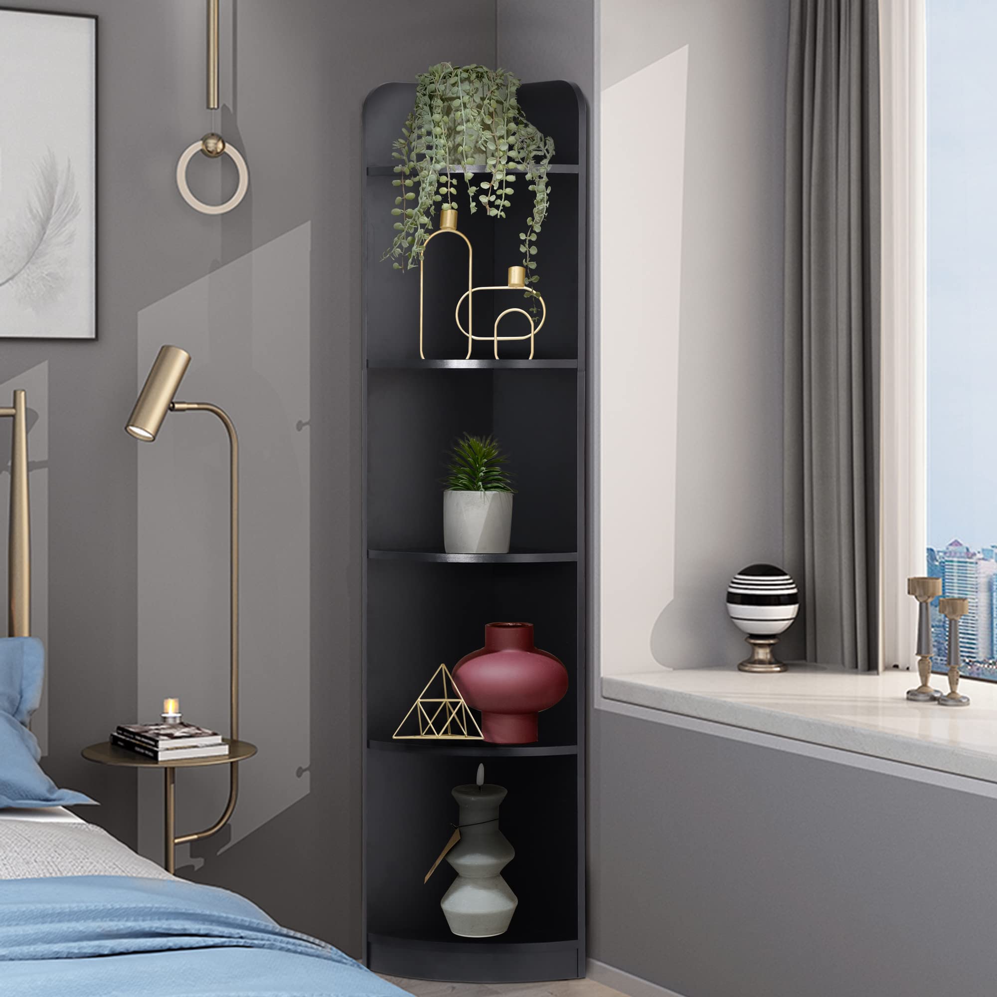 5-Tier Corner Bookshelf - 63" Tall Modern Free-Standing Corner Bookcase - Wood Wall Storage Rack Shelves Open Display Rack Plant Shelf for Home Office, Living Room, Bedroom, Kitchen - Black