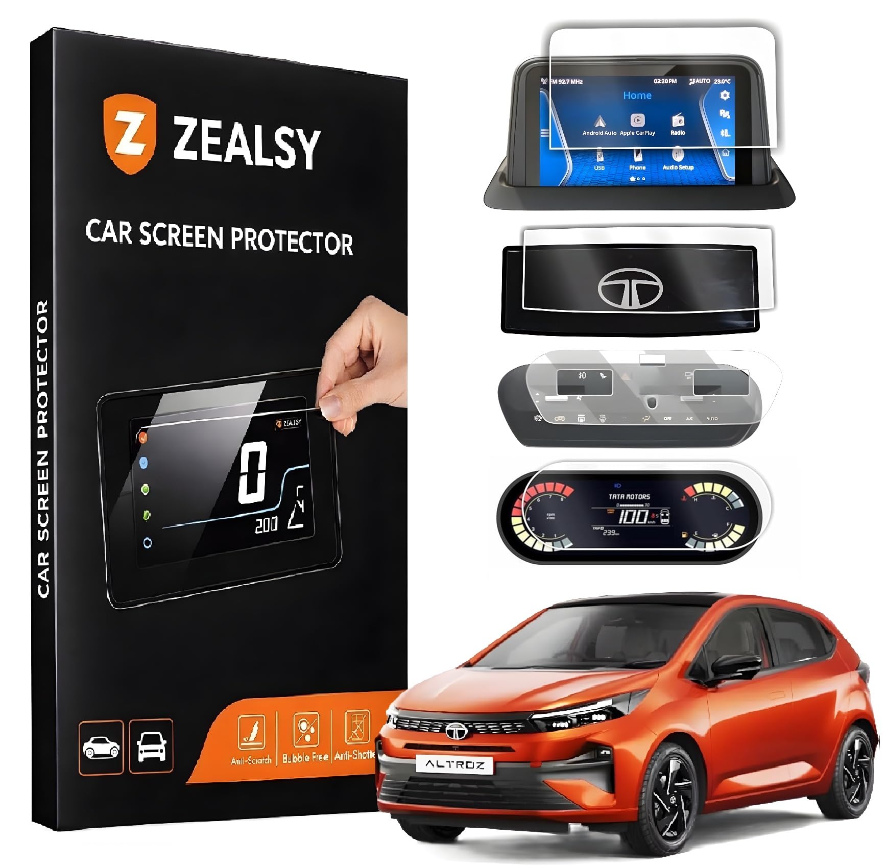 Tata Altroz Screen Guard | 7 Inch Infotainment Display / 4 Inch Instrument Cluster/Steering/AC Console PURE S | 2025-2026 Facelift Protector (7 Inch + 4 Inch Pack OF 4)-image-0