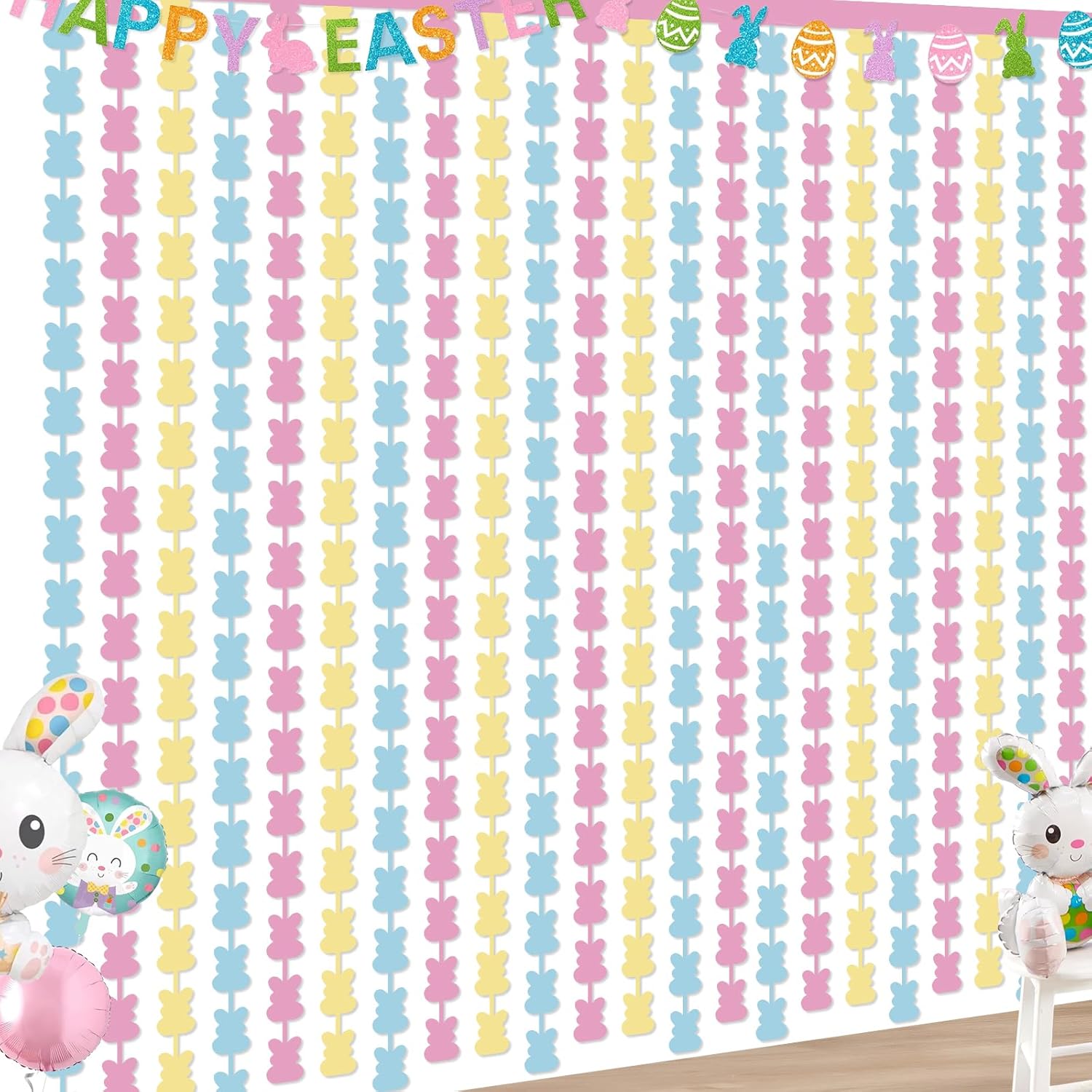 Easter Decorations Foil Fringe Curtains: 2 Pack 3.3 X 6.6 ft Pink Yellow Blue Bunny Rabbit Tinsel Backdrop Photo Booth Prop Streamers for Wedding Anniversary Birthday Easter Party Decor