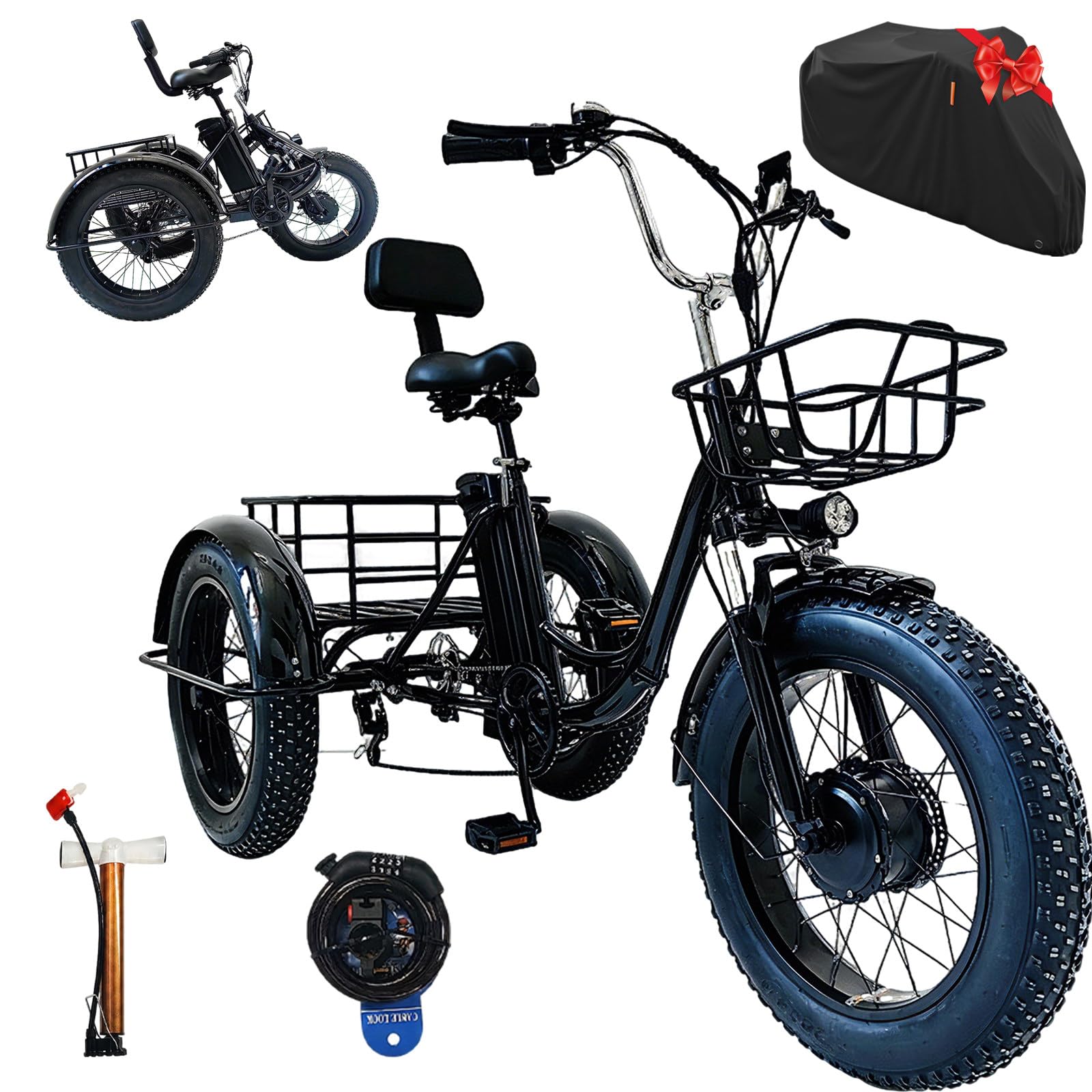Triciclo Elettrico per Adulti Pieghevole 20 Pollici, Cambio a 7 Rapporti, Freni a Disco Doppi, Display Digitale, Cestini Anteriori e Posteriori, Capacità di Carico 150kg per Ciclismo All'Aperto