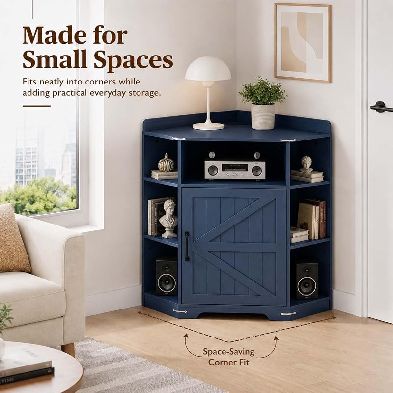 Corner Storage Cabinet with USB Ports & Outlets, Wooden Cube Shelf (Blue) image 7