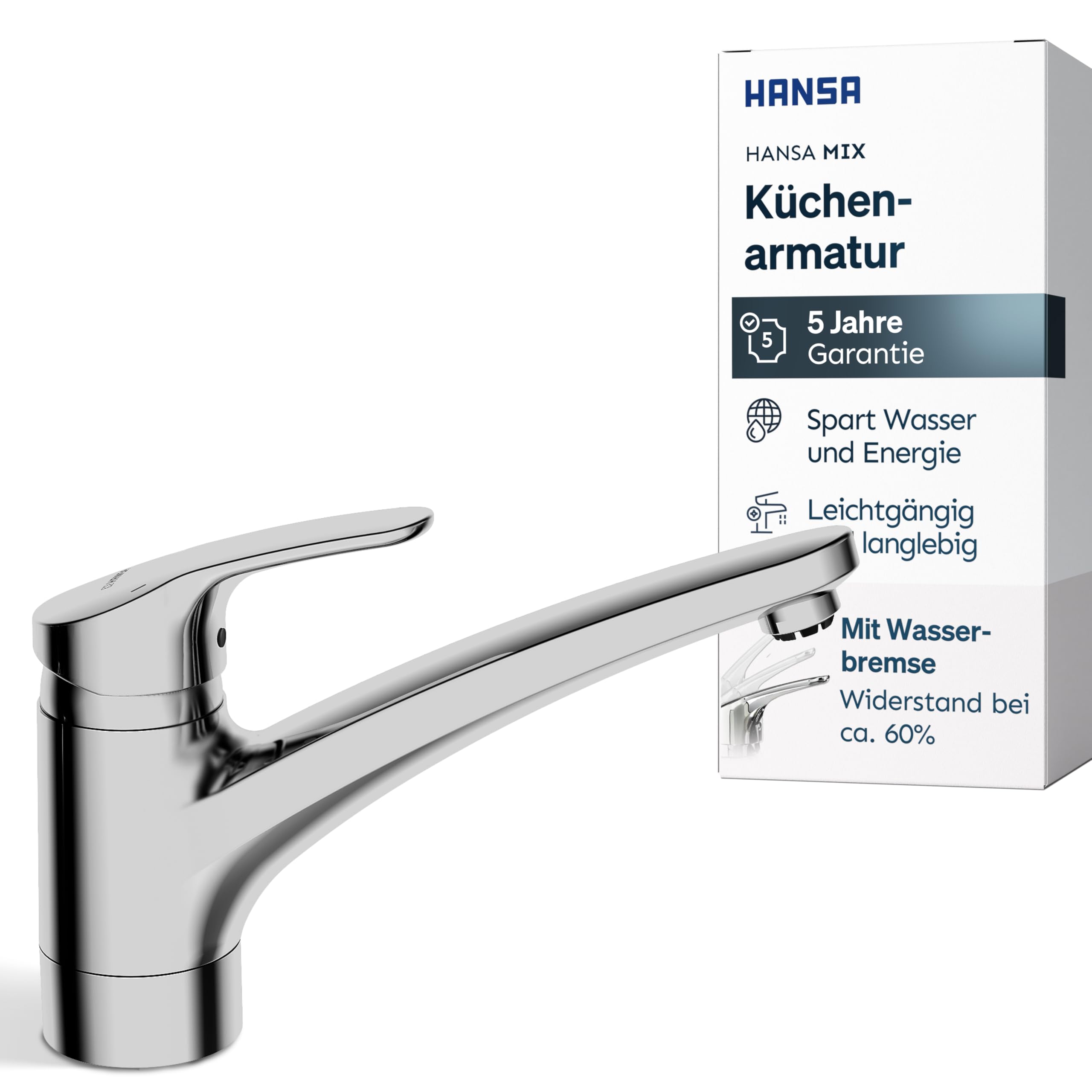 HANSA MIX Küchenarmatur Hochdruck I Armatur 150° schwenkbar I Wasserhahn Küche aus DZR-Messing I Wassersparend 7,2 l/min mit integrierter Wasserbremse I Schnelle Montage am Spülbecken | Chrom