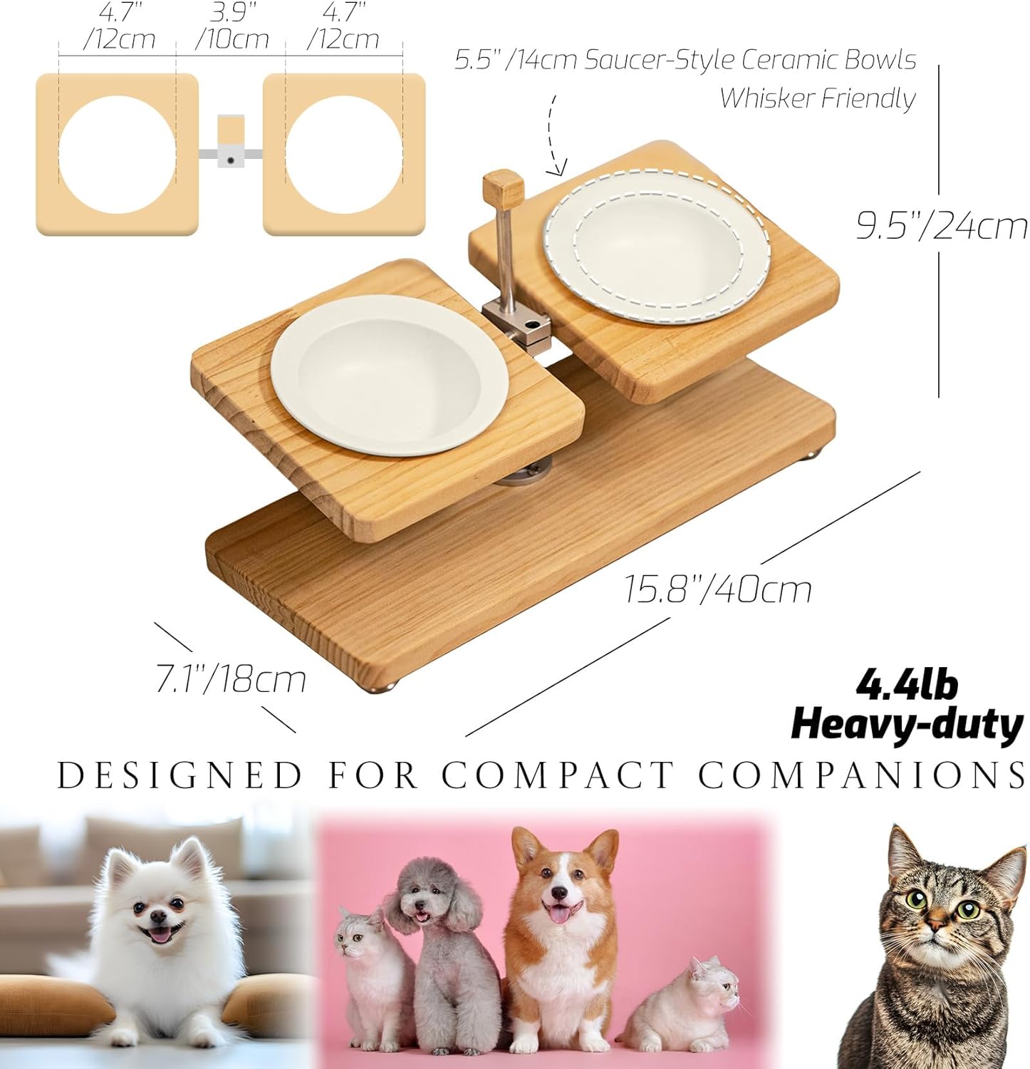 Adjustable Elevated Pet Food Stand - Raised Wooden Cat Bowls & Dog Bowls Holder with Ceramic Dishes for Small Puppy & Kitten, Non-Slip 2-8'' Height Rotatable Platform, Cat Gift (WH-WH)