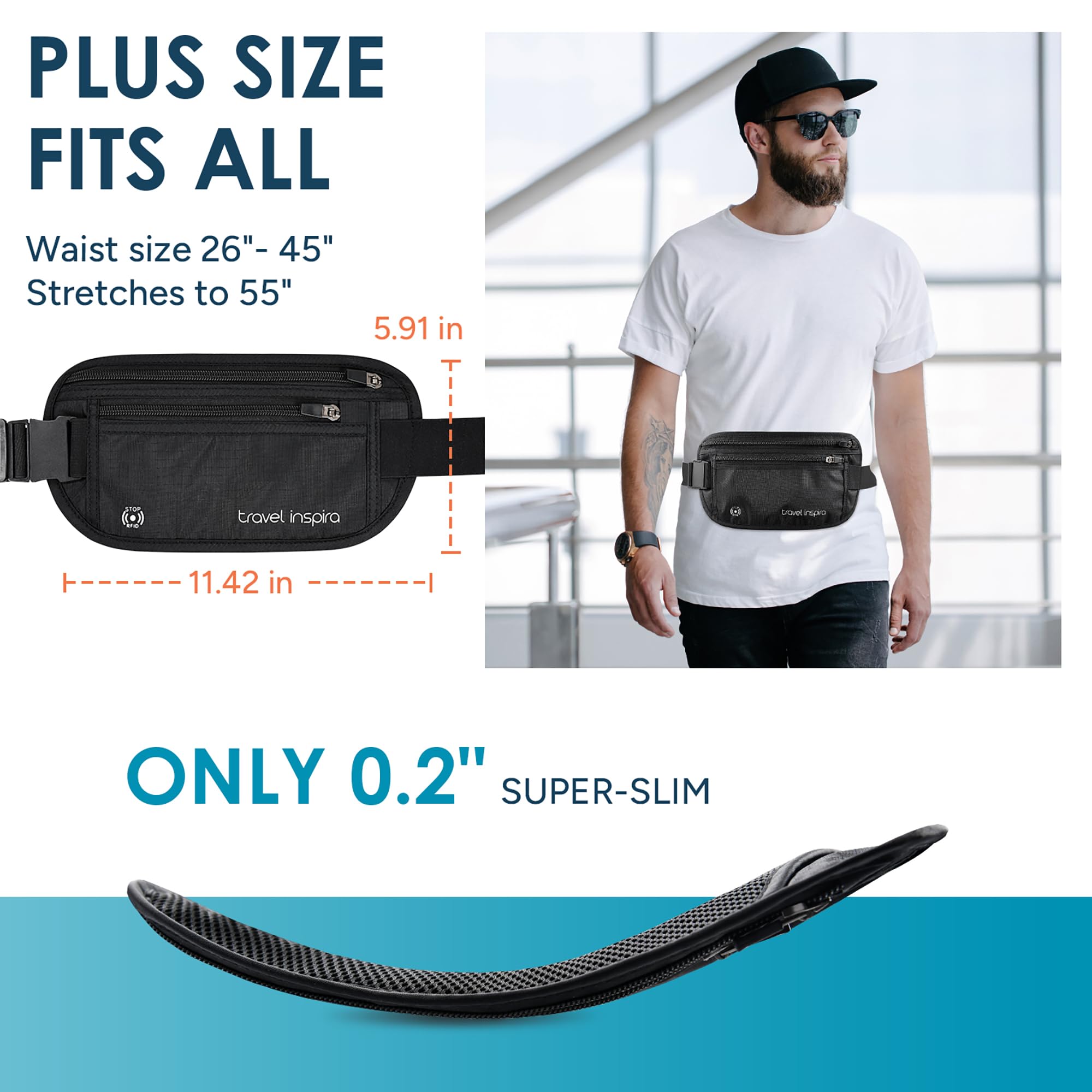 travel inspira Riñonera Antirrobo Bloqueo RFID Porta Documentos para Viaje | Cremallera Antirrobo, Ultra Fino y Invisible, Ligero, Cinturón Elástico Hasta 140 cm, con Acolchado Suave, Hidrófugo