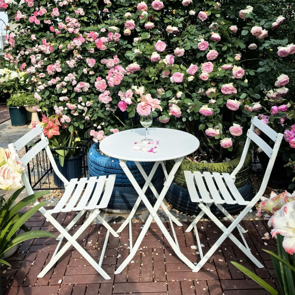 3 Piece Patio Bistro Set Foldable Round Table and Chairs Outdoor Coffee Table Set for Living Room Modern Low Design (White)