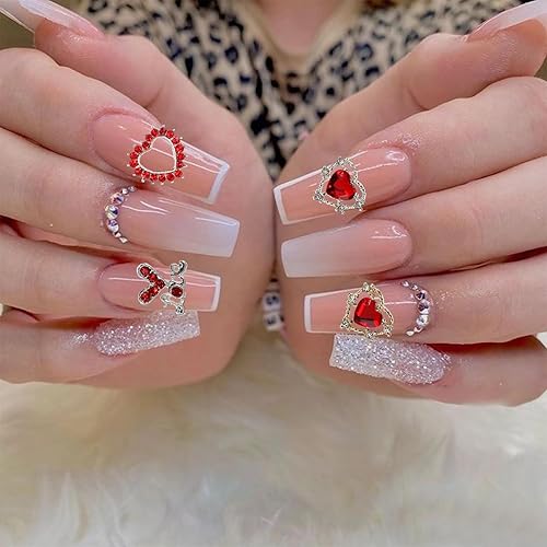 Miniatura 4 de 10 dijes de uñas para el día de San Valentín, diseño de corazón con purpurina, cristales de corazón rojo con purpurina, diamantes de imitación de