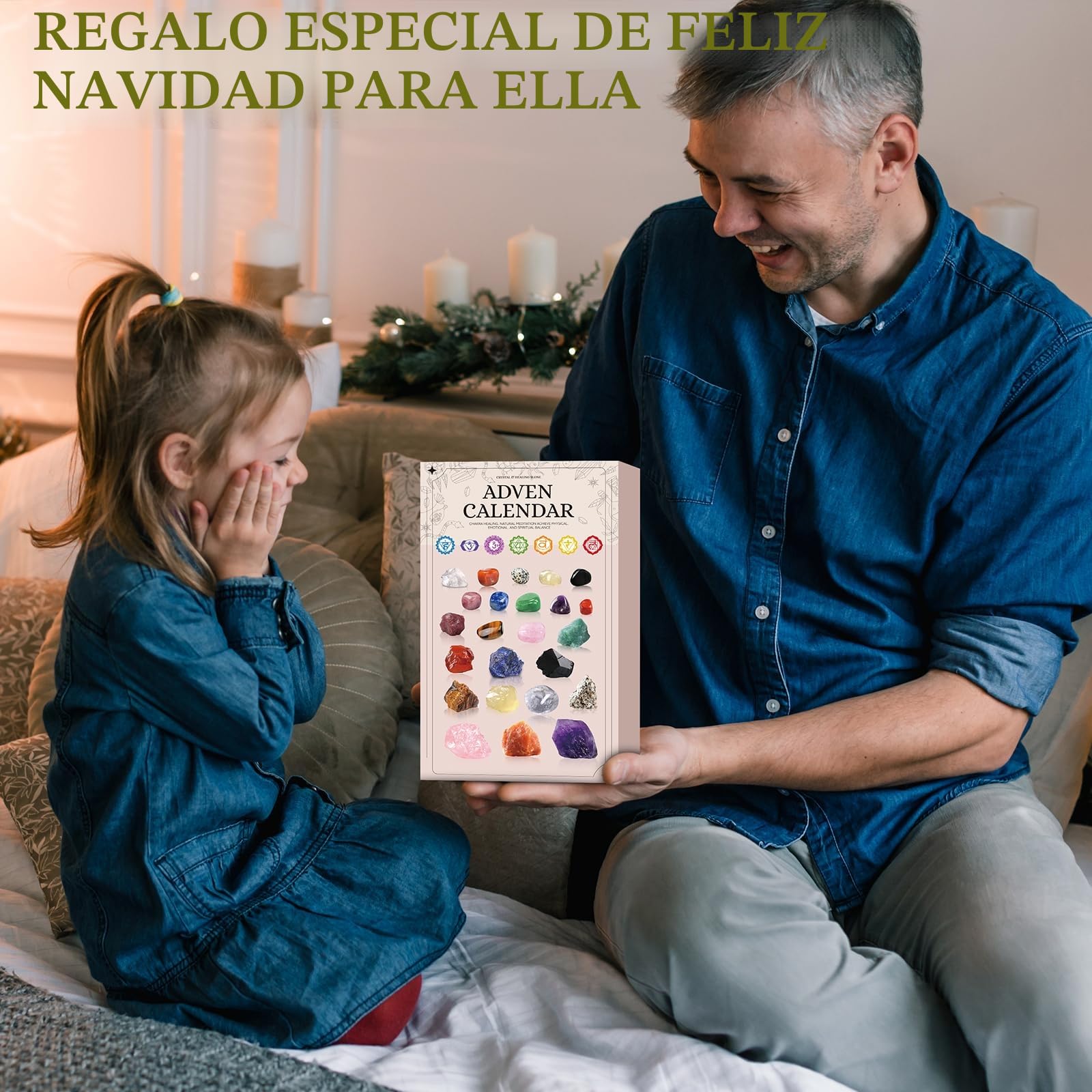 Calendario de Adviento de piedras preciosas, cristales, calendario de Adviento 2025 para niños, calendario de Navidad, cuenta regresiva con 24 cristales de chakra (A)
