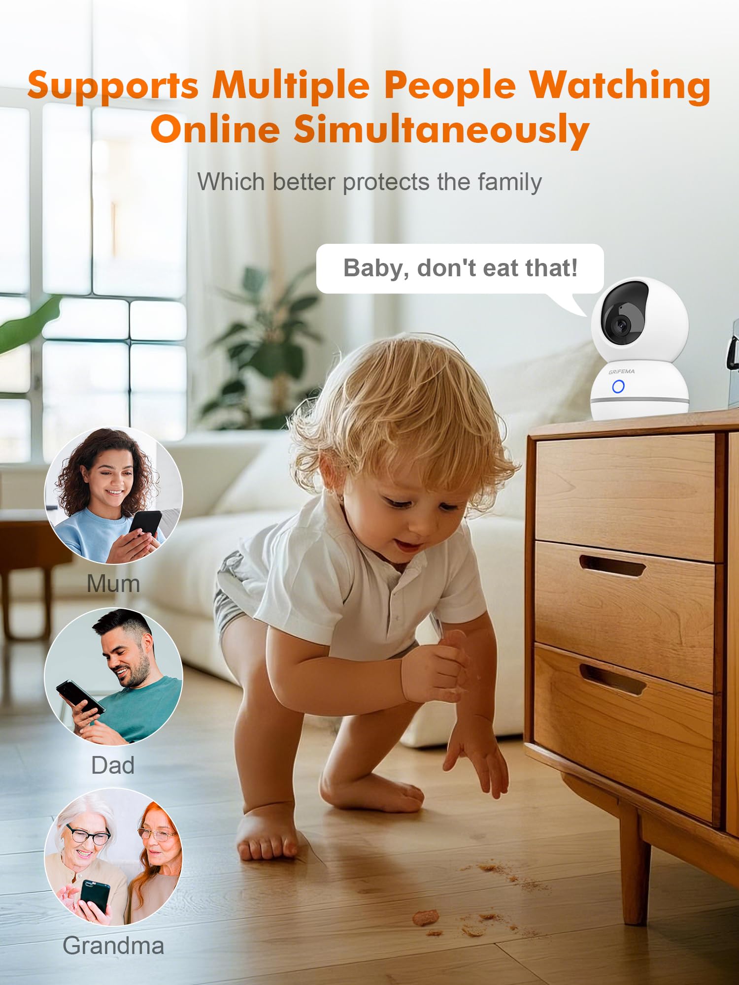 GRIFEMA Wewnętrzna kamera WiFi 360°, 1080P (3MP) z noktowizorem 10 m, wykrywanie człowieka/dźwięku, redukcja szumów 3D, pamięć SD/chmura, tryb prywatności dla dzieci/zwierząt, GD701