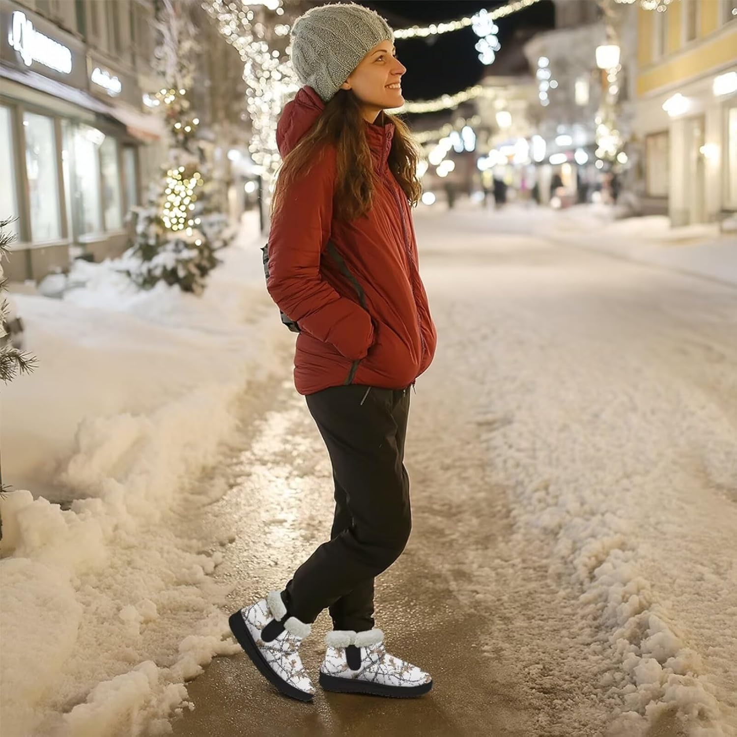 Howilath Snow Boots for Women Flannel Short Ankle Boots Anti Slip Winter Shoes with Black EVA Sole
