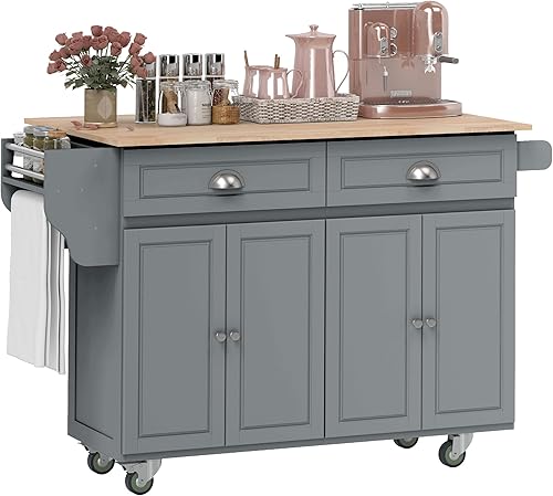 HOMCOM Carrito de isla de cocina rodante con hoja caída, carrito de cocina con ruedas con parte superior de madera, 2 cajones y 2 armarios de Gris