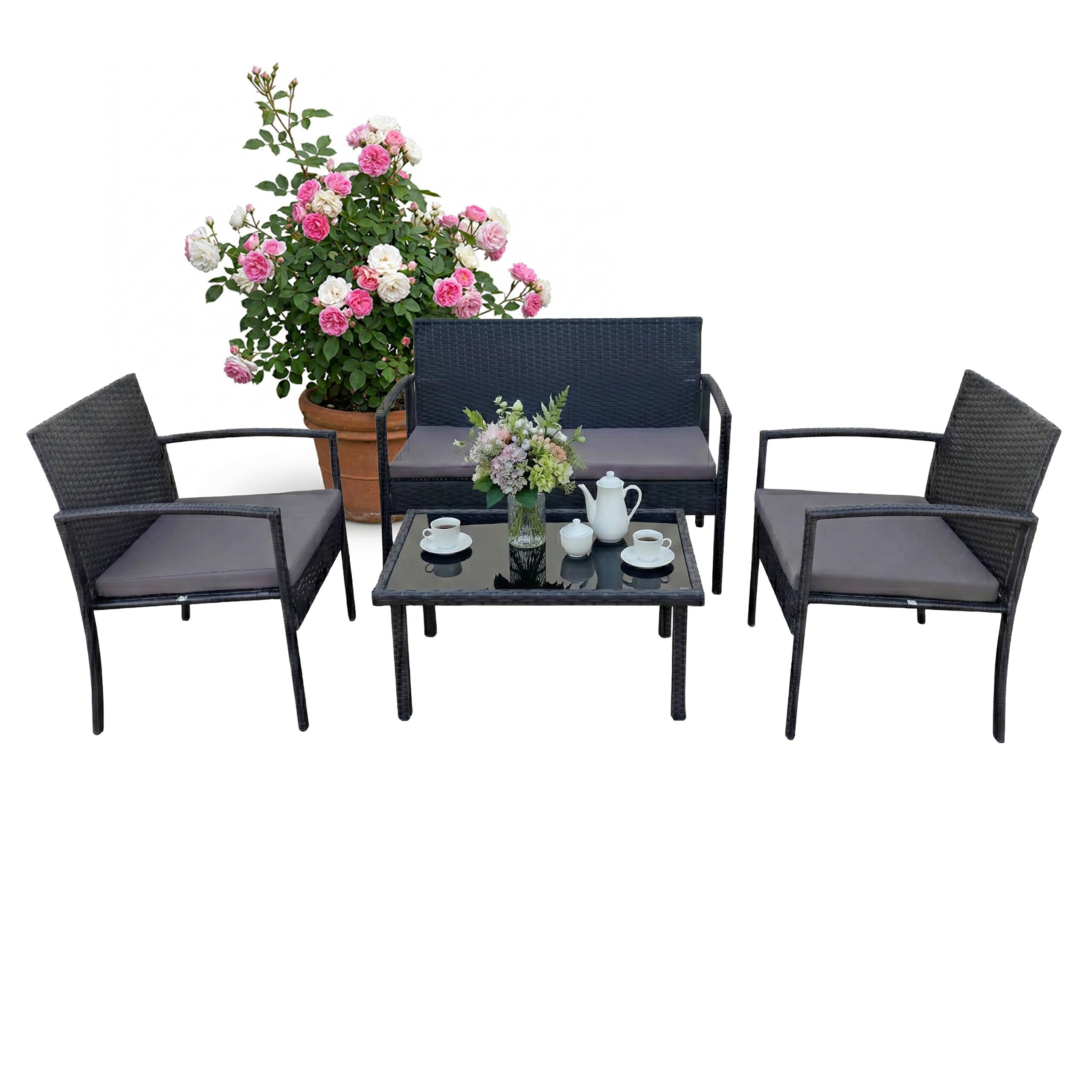 Relaxdays Ensemble Jardin 4 pcs, rotin synthétique, Noir, Banquette 2 Places, 2 chaises, Table Verre, 4 pers.