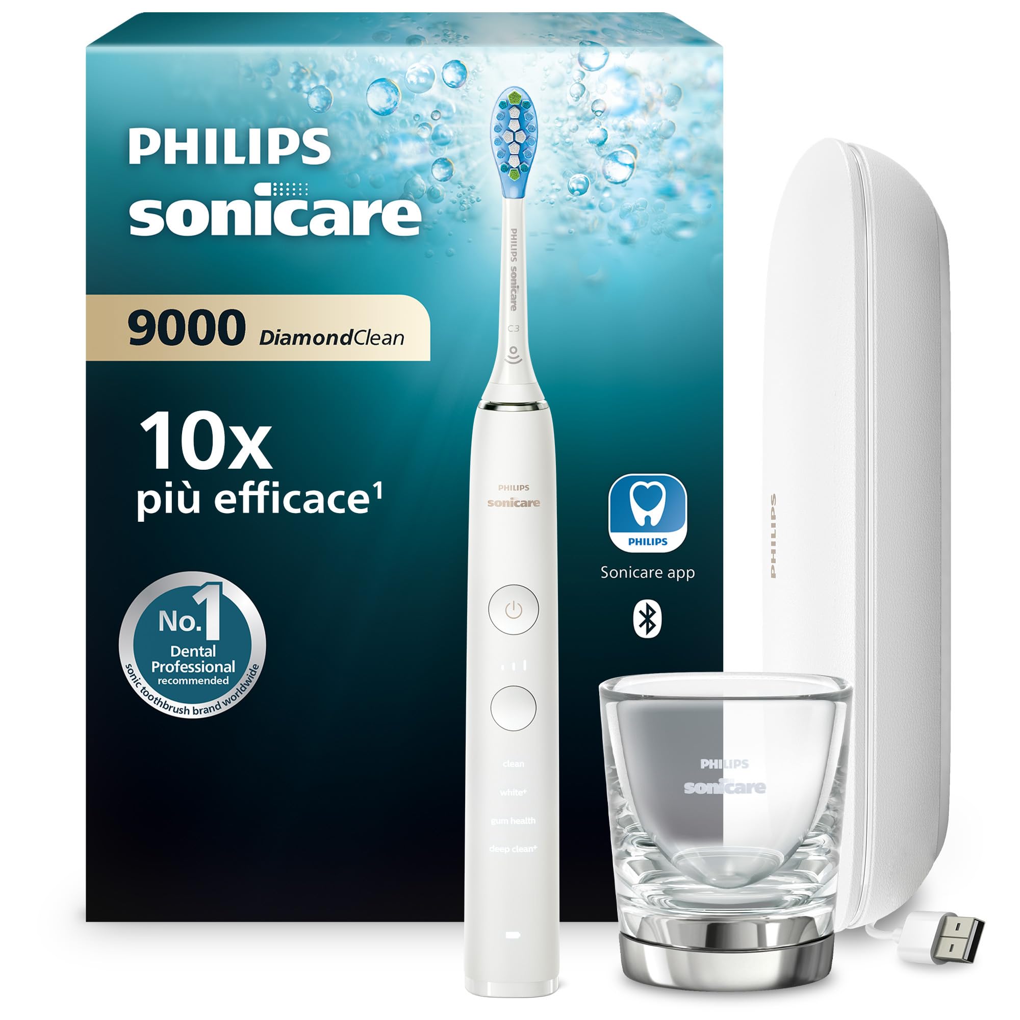 Philips Sonicare DiamondClean 9000 spazzolino elettrico sonico con app, colore bianco, modello HX9911/27, Sonicare 9000, Bianco