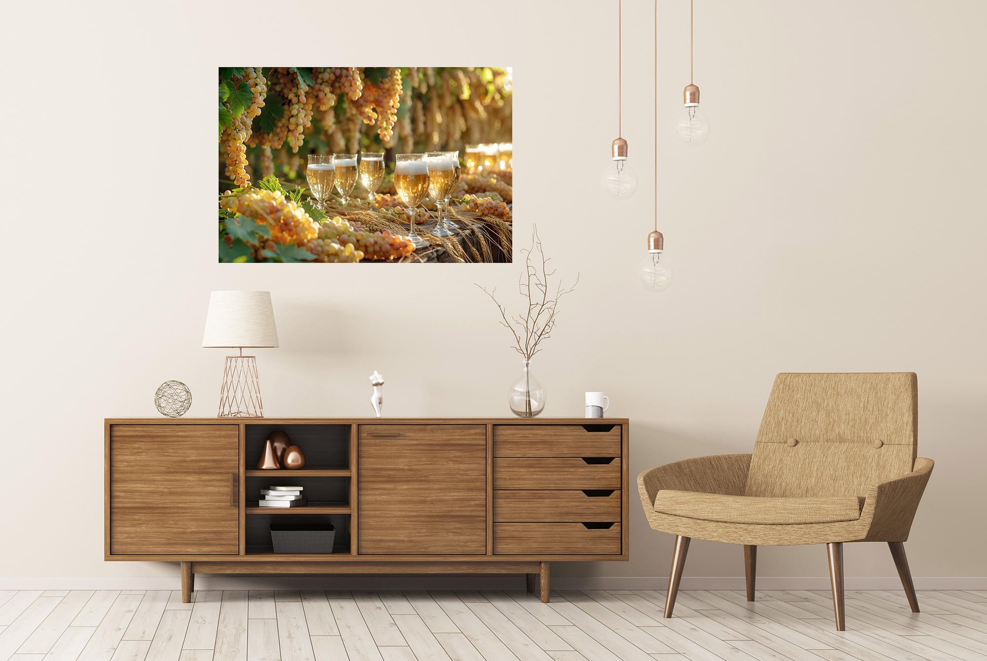 islandburner Prime XXL Poster con immagine di uva rossa e bianca appena raccolte accanto ai bicchieri di vino su vassoio di legno, cantina vino, commercio di vino, immagini di alta qualità