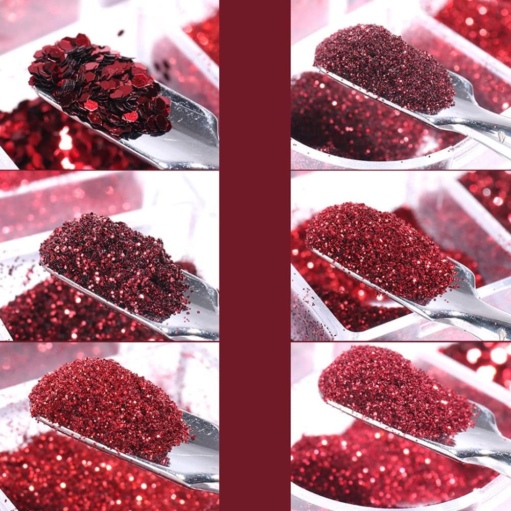 Red Nail Art Glitter Sequins Red Crystal Diamond Sparkly Nail Powder Valentine's Day Nail Supplies New Year Wedding Shiny Nail Flakes for Women Girls Holographic Manicure Tips Charms Pigment 6 Boxes image 2