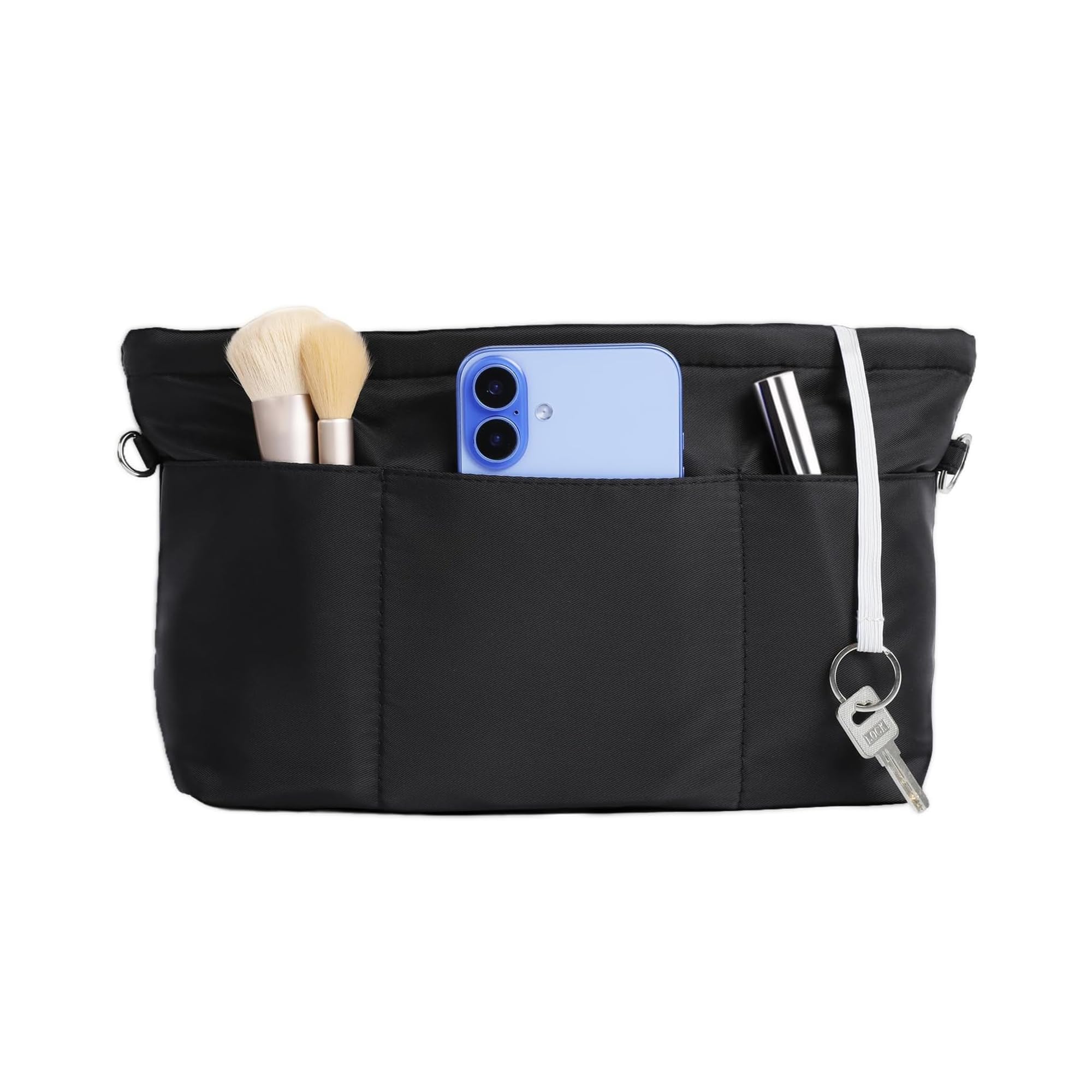 Cozary Bag Organiser Small S - Inner Pocket for Handbags Made of Nylon, Handbag Organiser with Key Chain, 6 Outer Pockets and 6 Inner Compartments (1 Zip Compartment), 23.5 x 8 x 17.5 cm, Black