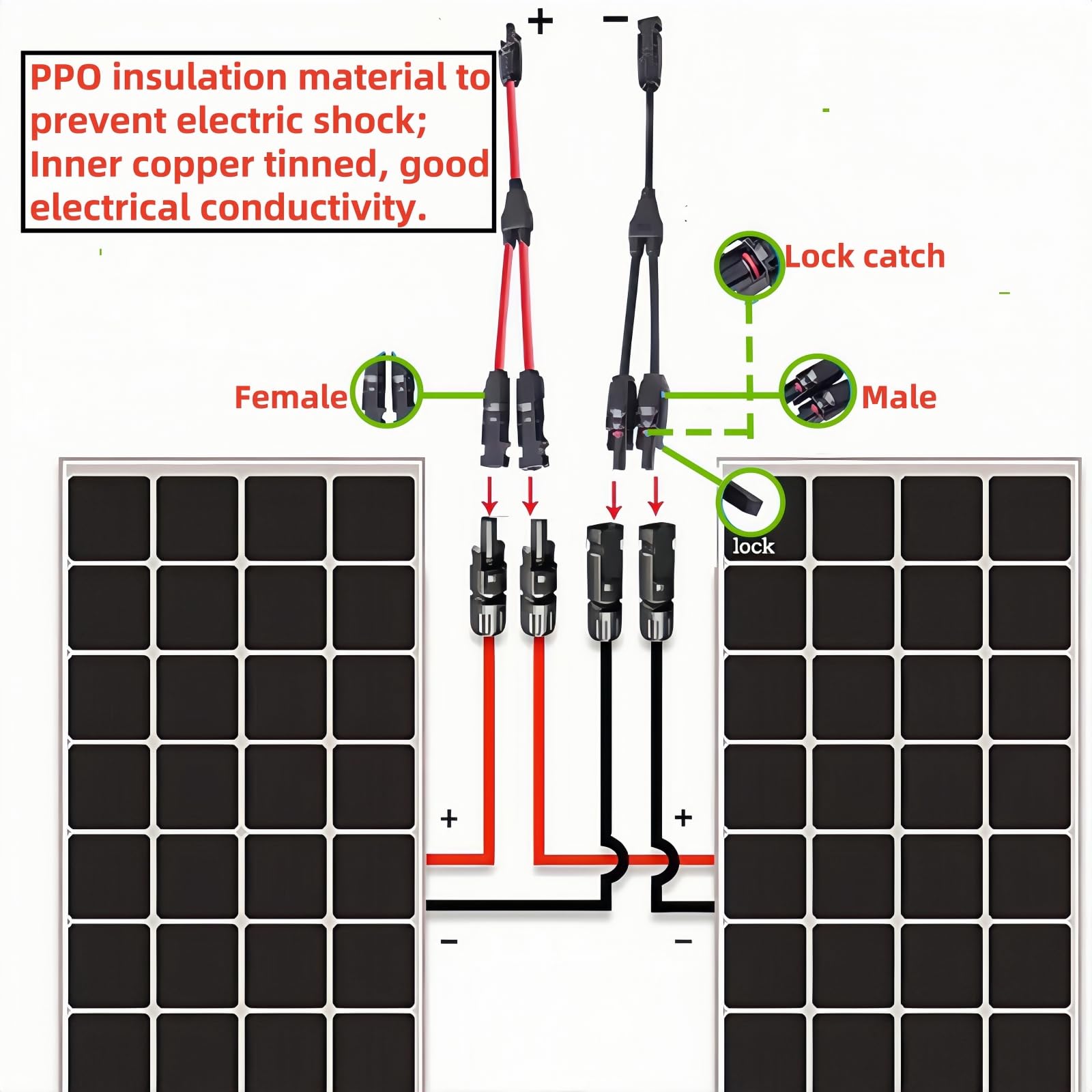 2 pares de conectores solares Y-Tee 1 a 2 adaptadores paralelos impermeables, conector de cable de cobre estañado de 10 AWG para paneles solares fotovoltaicos (2 pares M/FF y F/MM)
